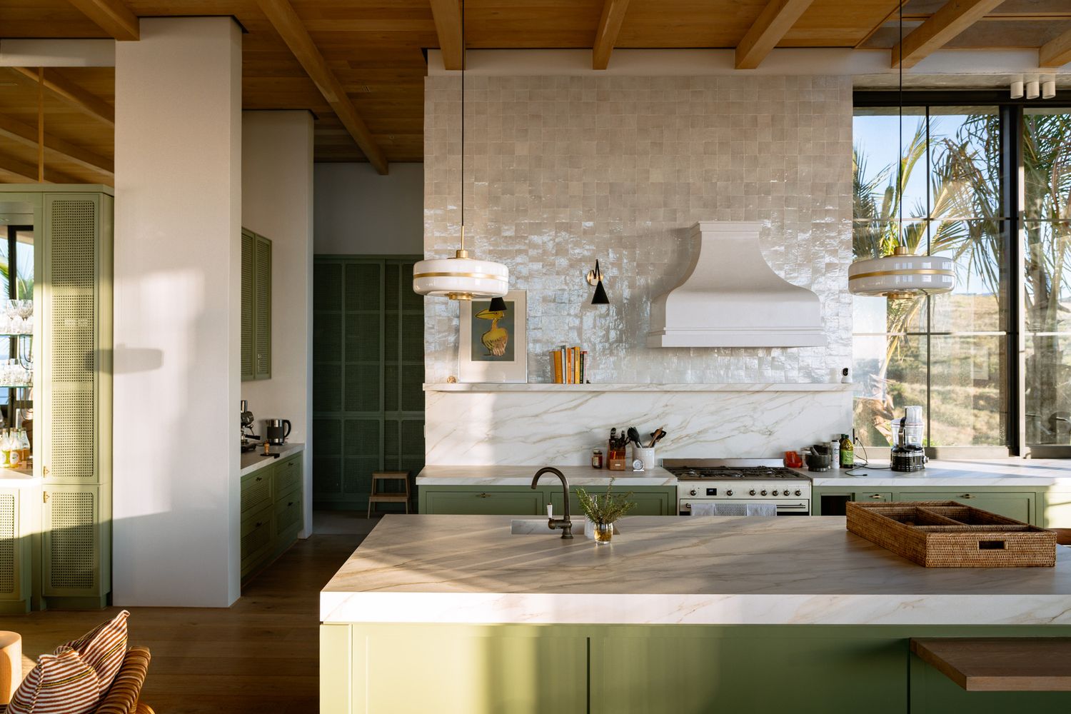 Spacious room with exposed wooden ceiling beams and minimalist modern decor.