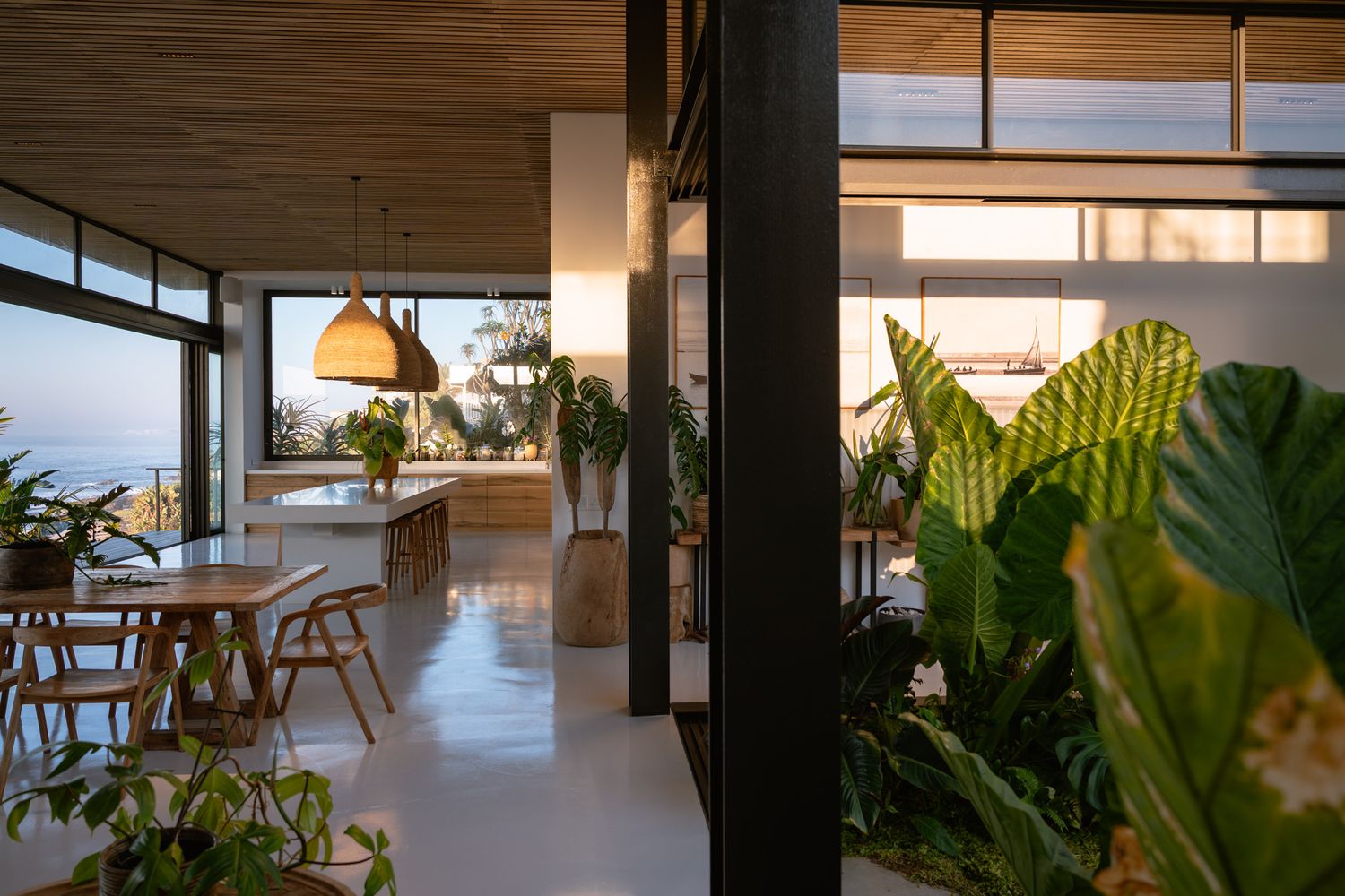 Bright coastal living space with tropical plants and modern furnishings overlooking the ocean.
