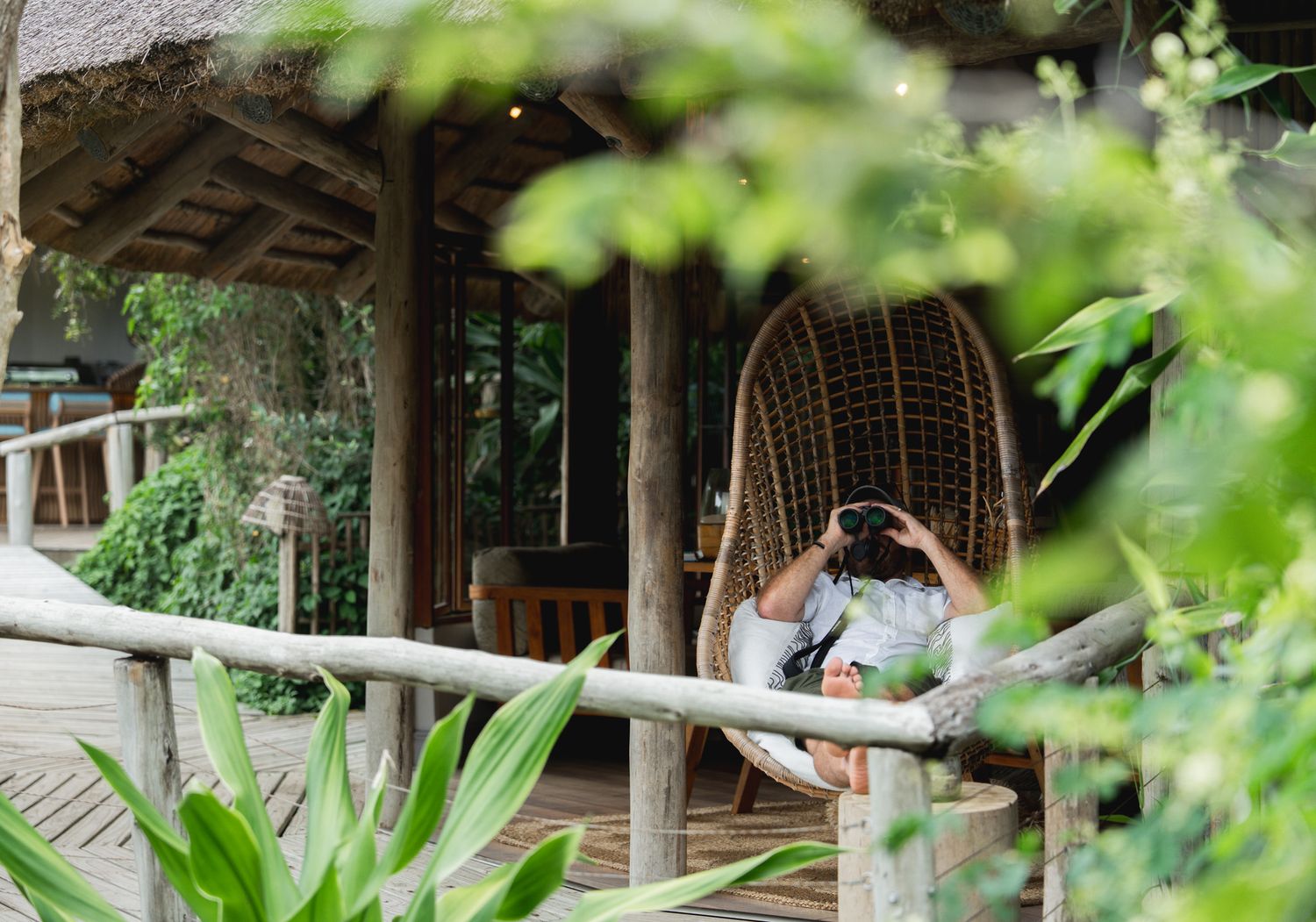Outdoor relaxation area with hammocks and lounge spaces surrounded by tropical greenery.