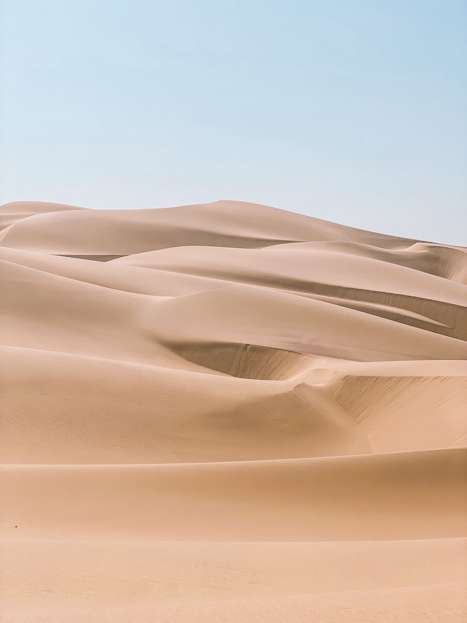 Smooth sand dunes create rolling patterns against a clear blue sky in the desert.