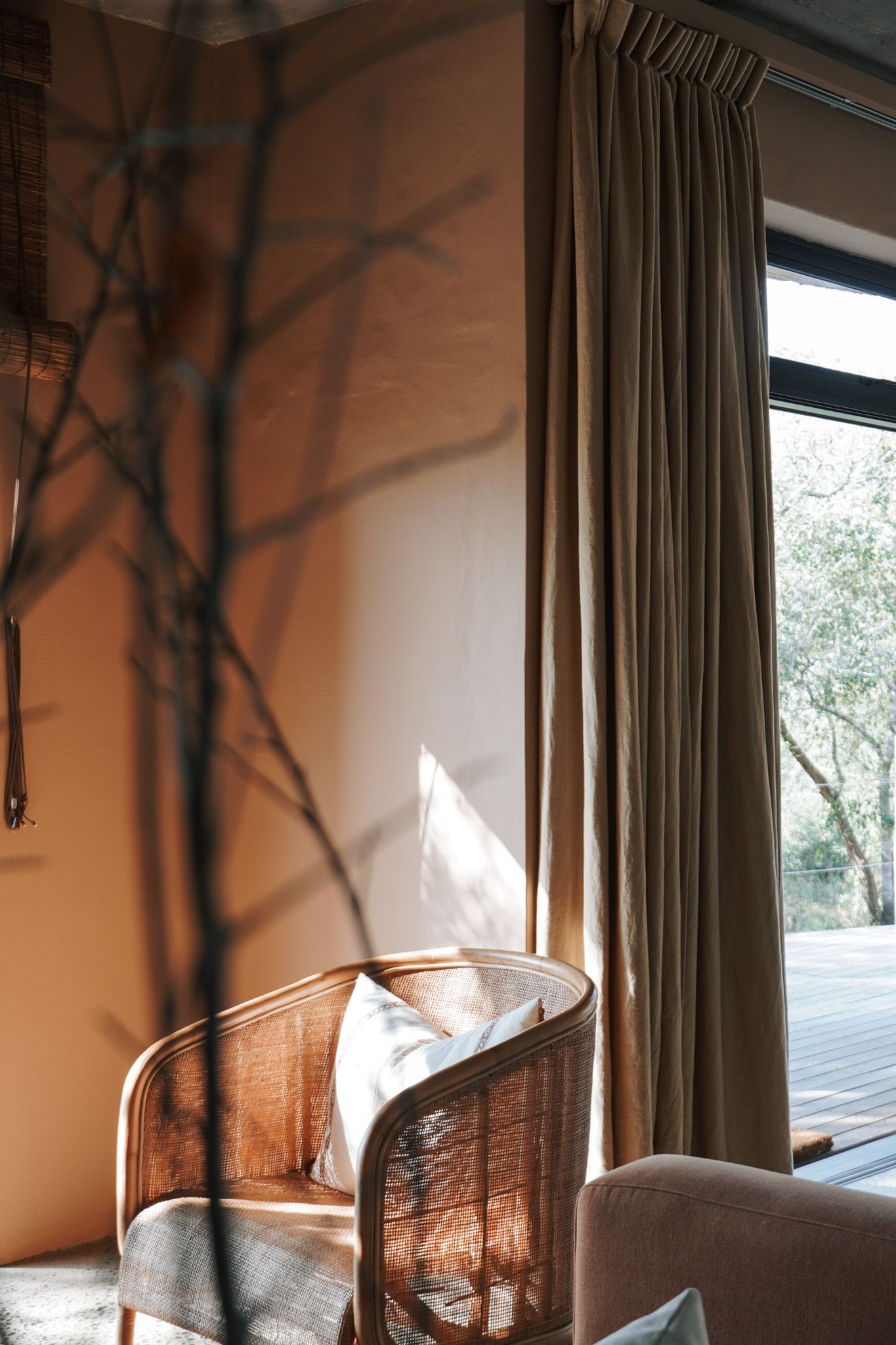 Sunlight casts tree branch shadows on a cozy living room wall with a rattan chair and beige curtains.