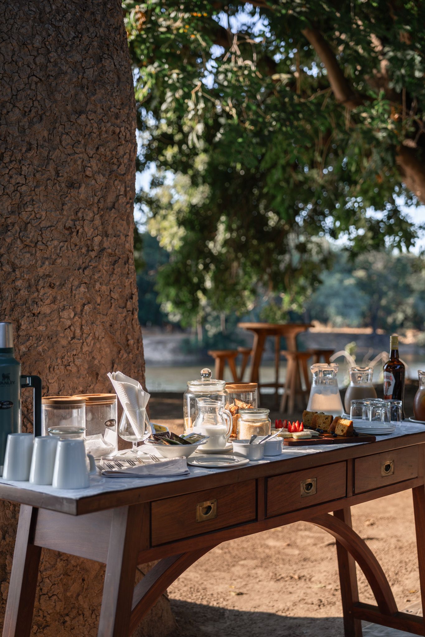 Long wooden buffet table setup under trees with white tablecloths and serving stations.