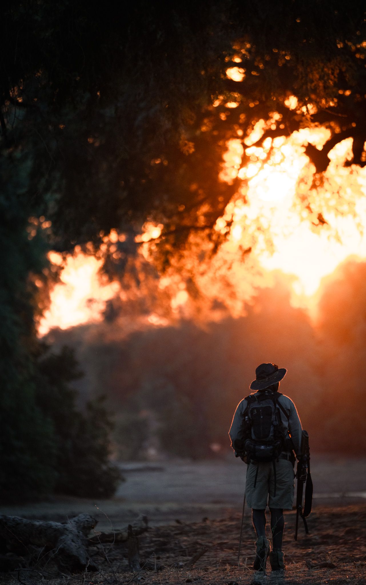 A silhouetted figure with backpack stands on a dirt path against a dramatic orange sunset.