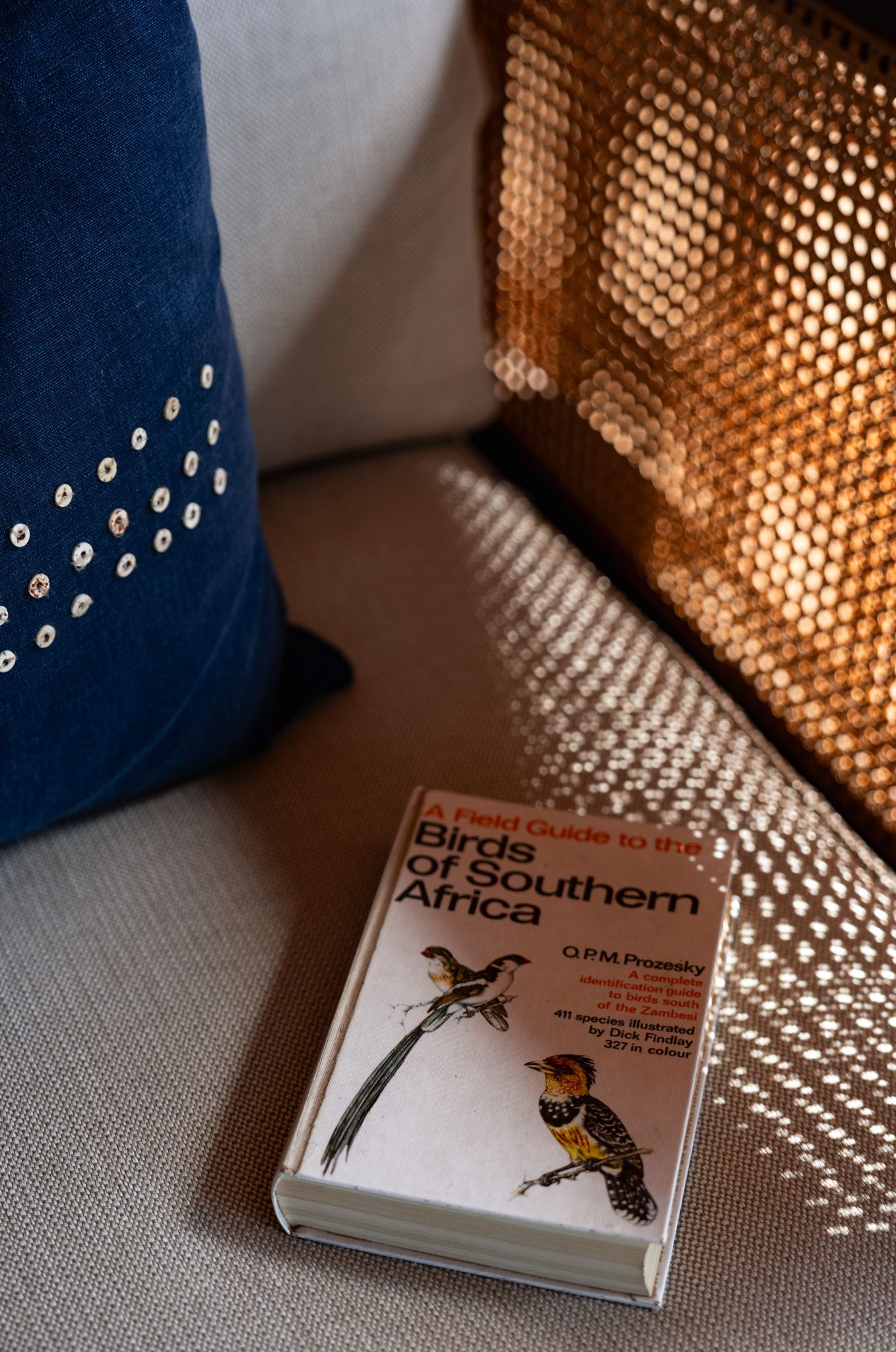Southern Africa bird guide book resting on cushion with patterned light filtering through screen.