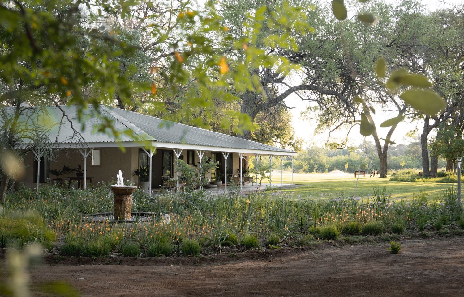 Sweeping view of a lush green property with mature trees and natural landscaping.