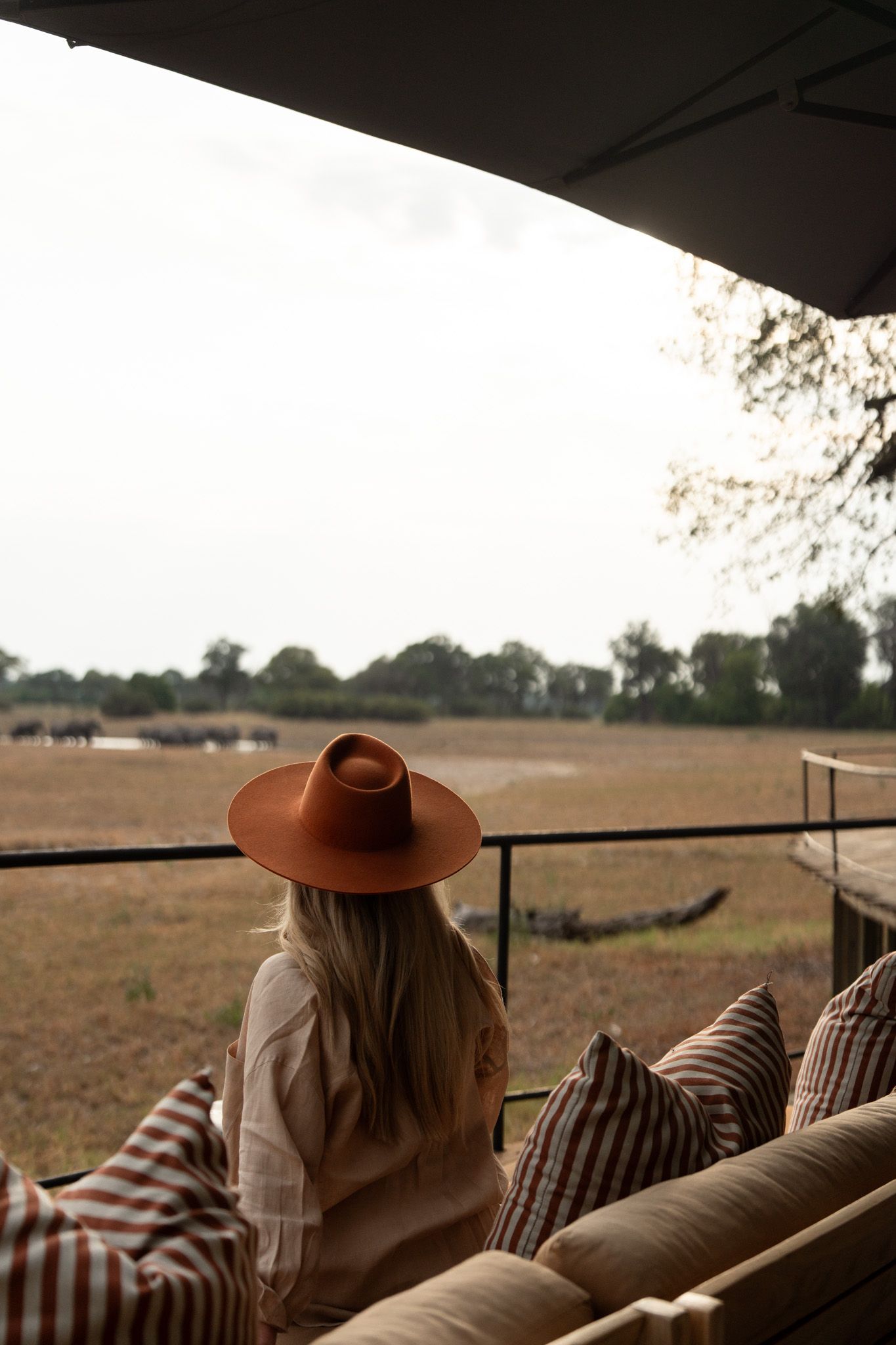 Person in brown hat relaxing on striped cushions while overlooking safari plains.