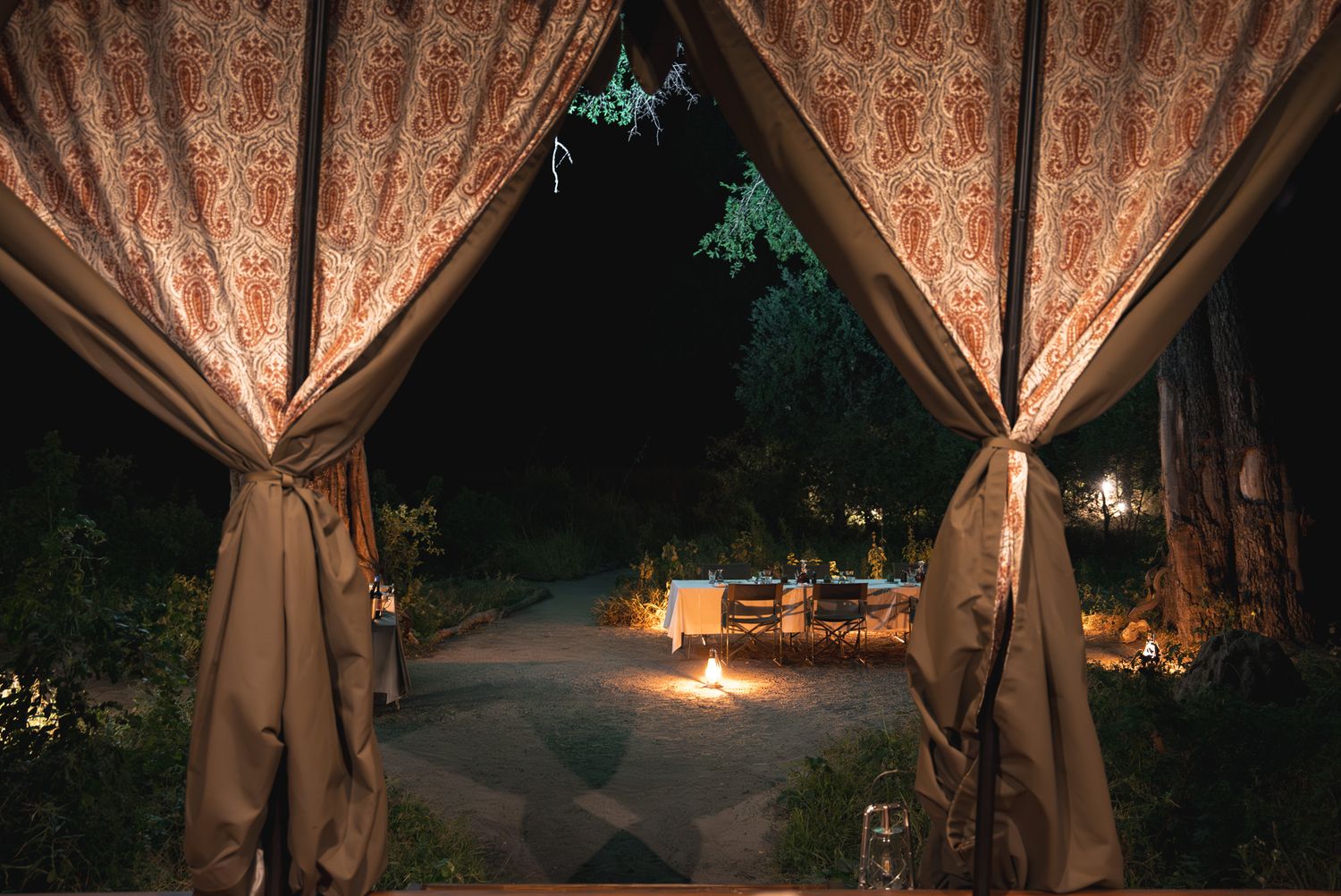 Elegant tent curtains frame a nighttime view of illuminated safari vehicles in the distance.