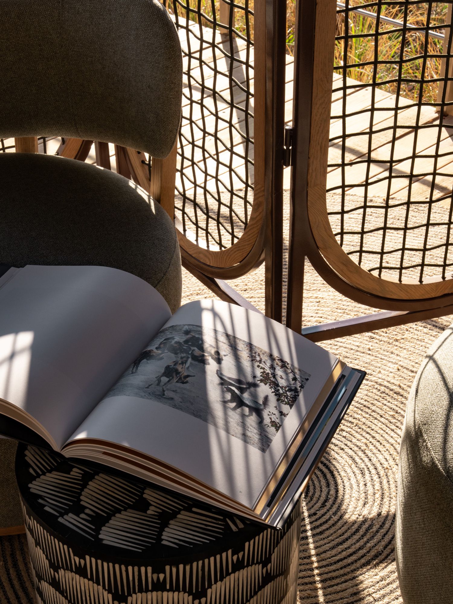 Open book on woven chair casting geometric shadows through mesh screen window.