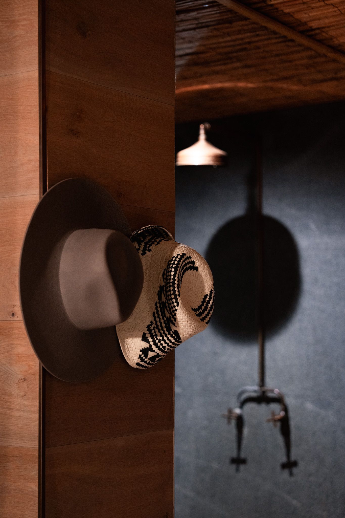 Vintage-style hat hanging on wooden wall with pendant lamp shadow creating dramatic contrast.
