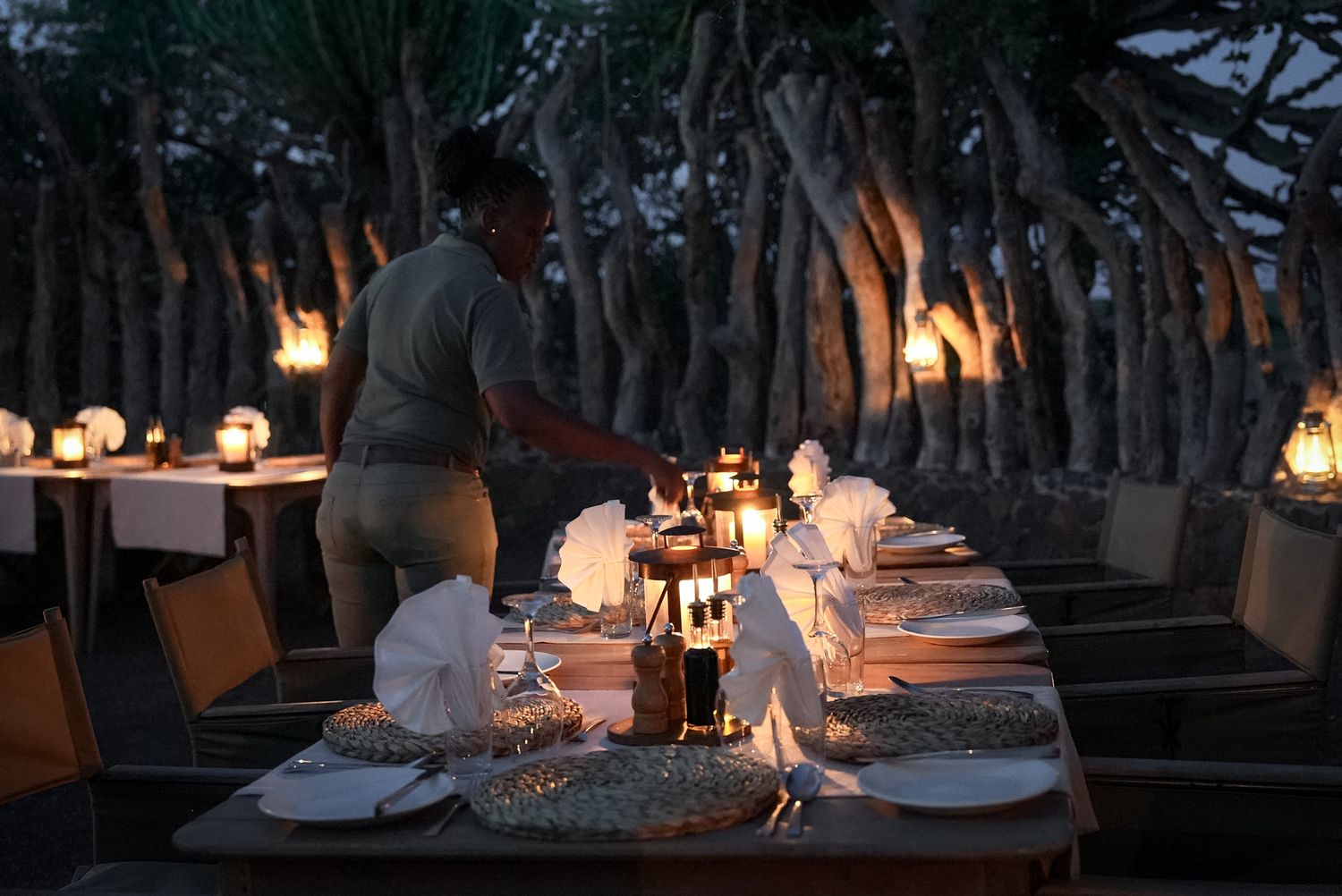 Candlelit outdoor dining tables set up under trees at dusk.