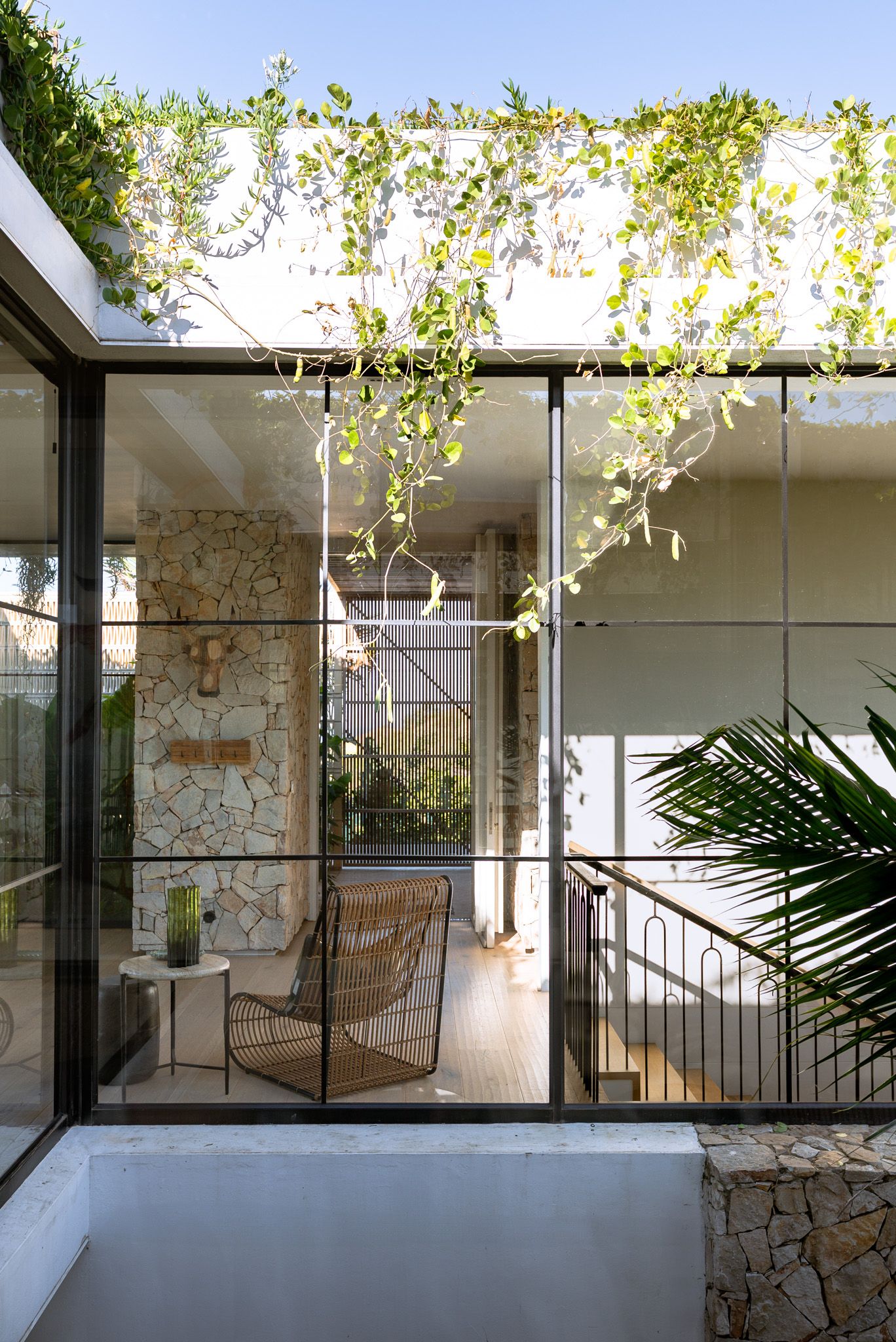 Modern glass-enclosed balcony with hanging plants and rattan chair creating a peaceful indoor-outdoor space.