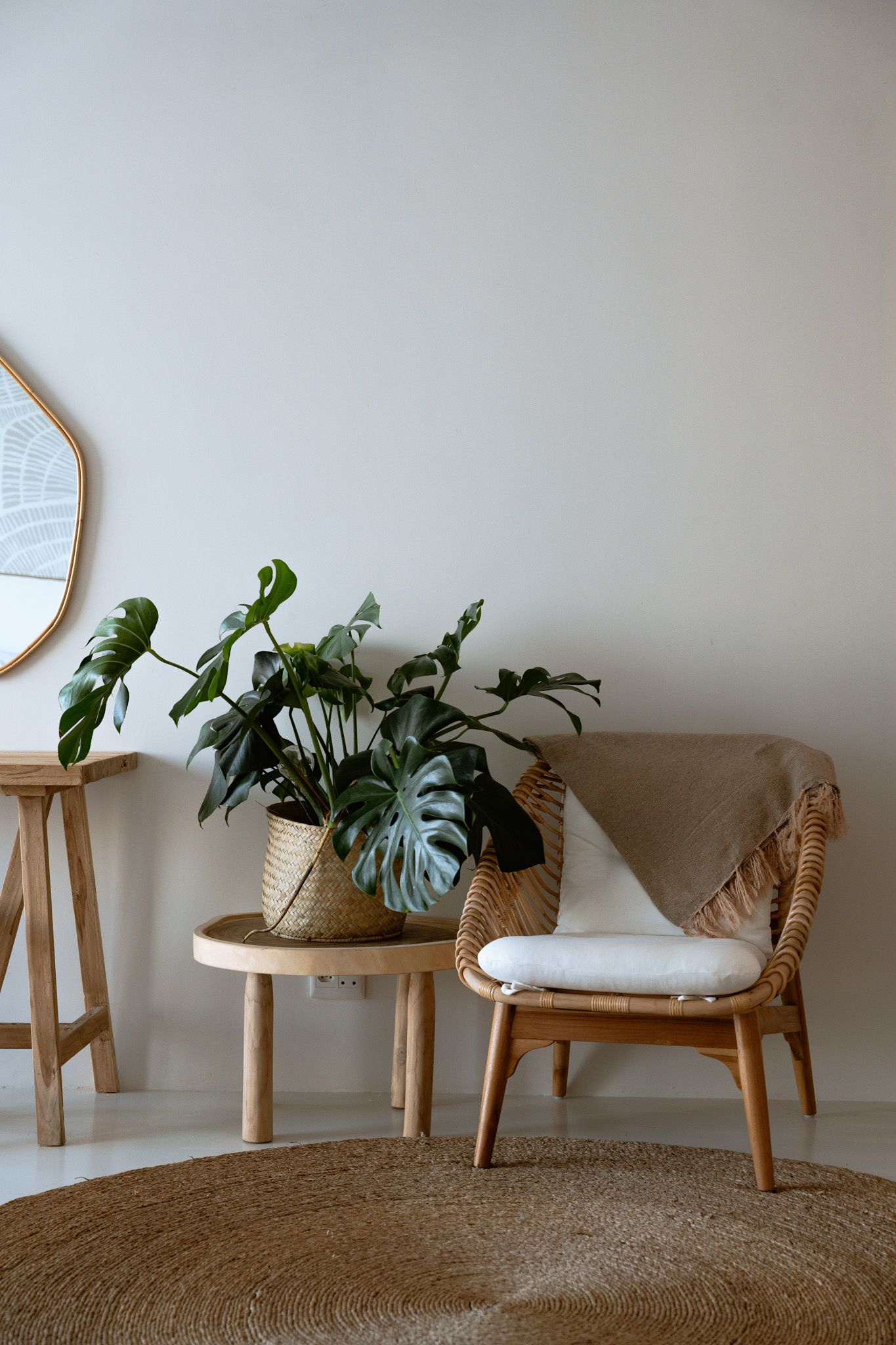 Minimalist corner setup with monstera plant, rattan chair, and round mirror against white wall.