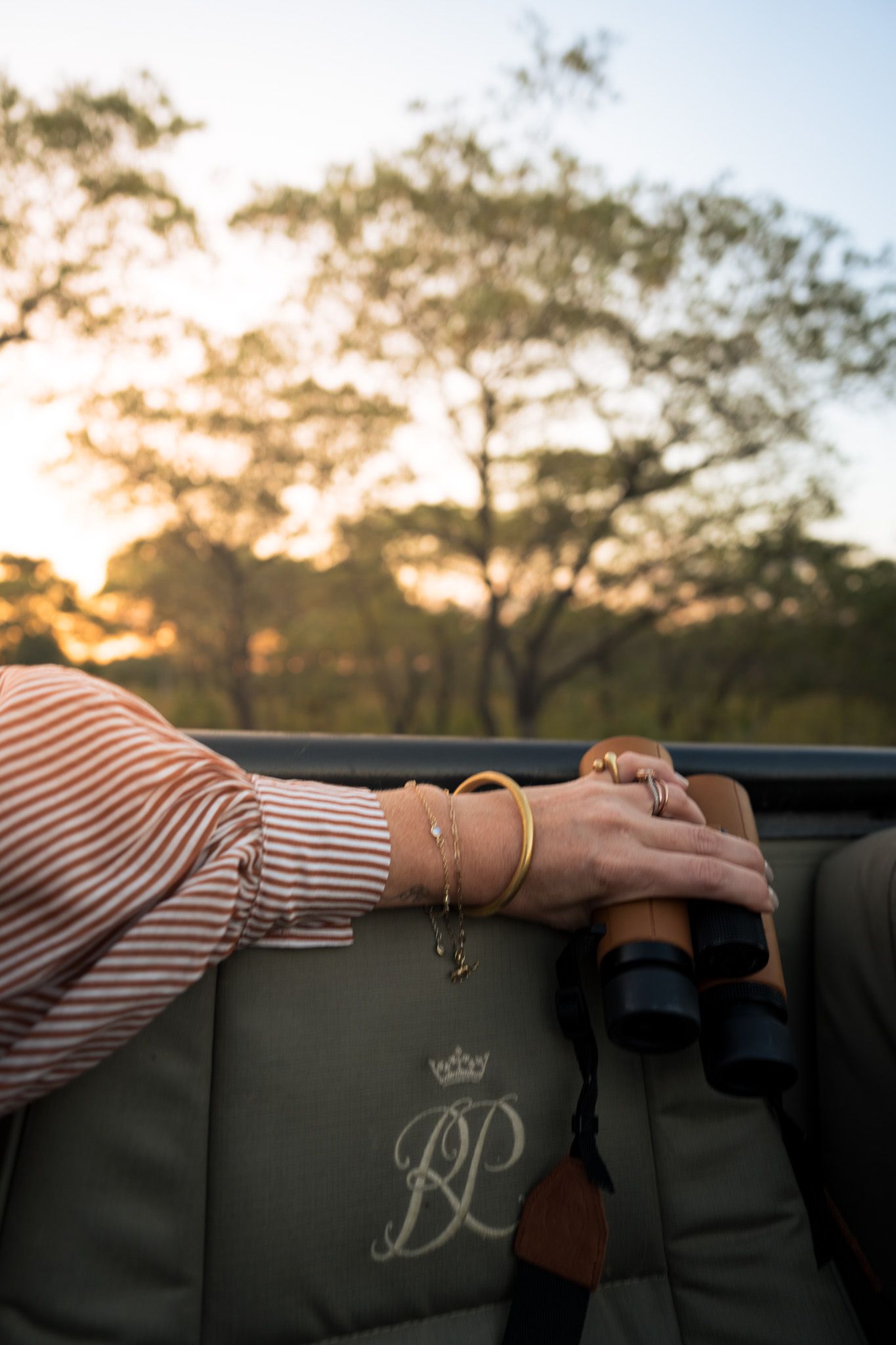 Striped sleeve and jewelry-adorned hand resting on monogrammed bag at sunset.