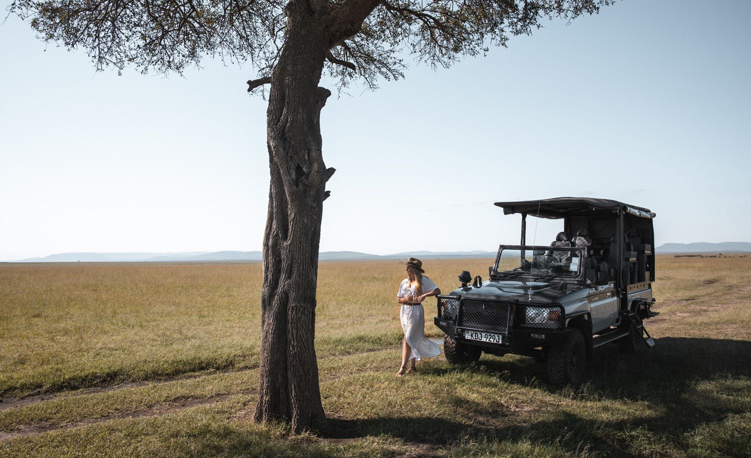 Safari vehicle parked under an acacia tree in the vast African savanna landscape.