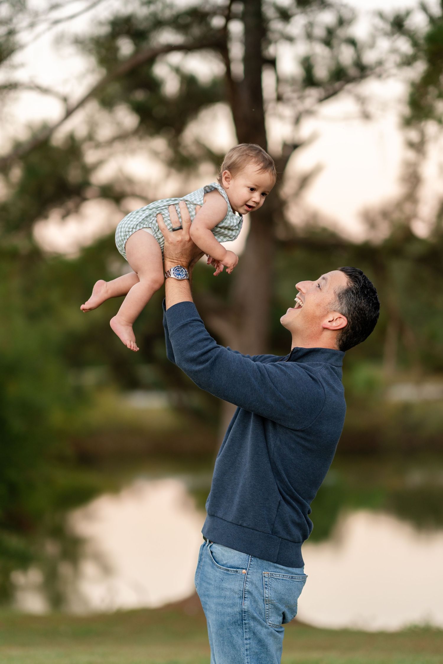 A joyful moment captured in a sequence of photos showing a parent playfully lifting a baby in the air outdoors.