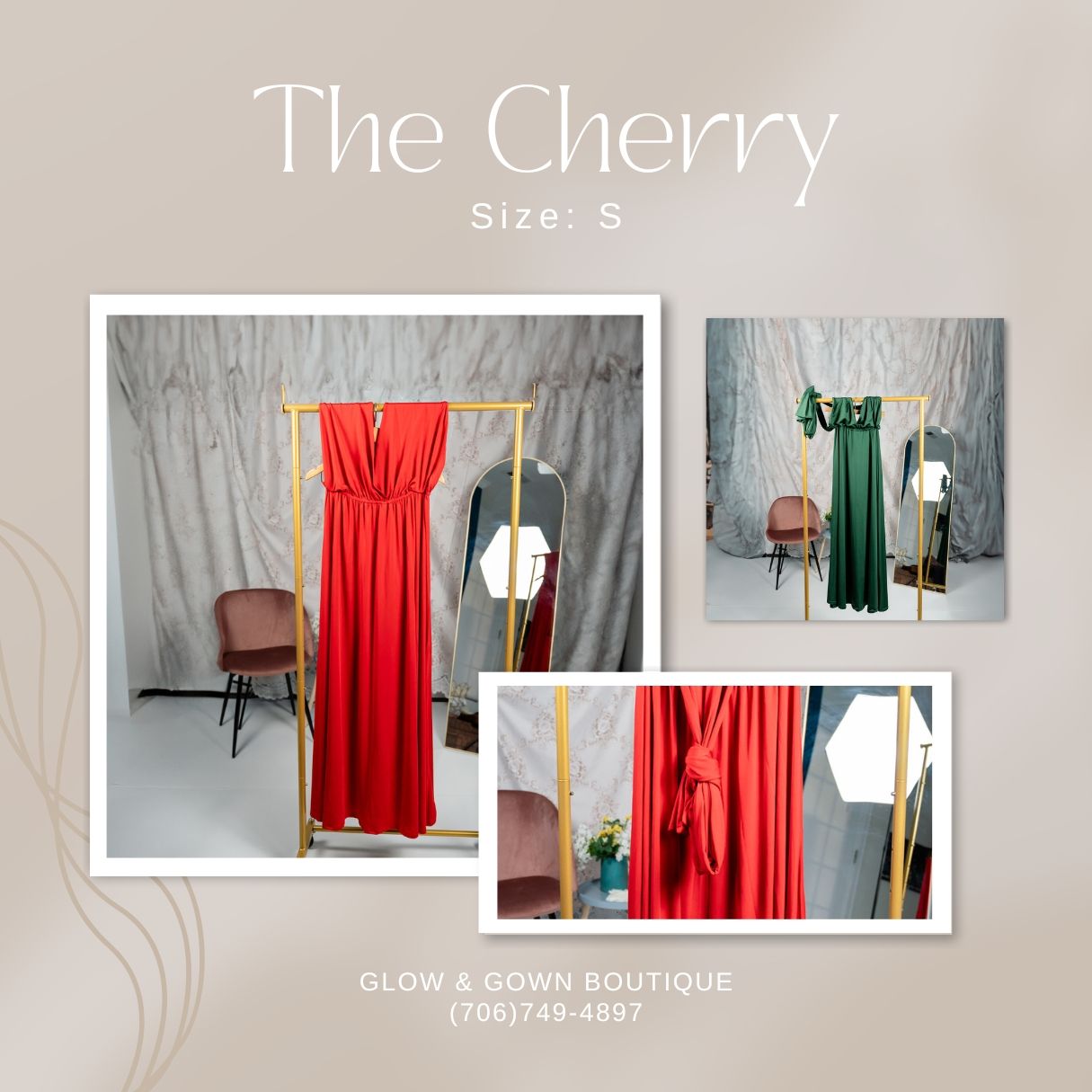 Vibrant red maxi dress with gathered waist and long flowing skirt displayed in studio setting.