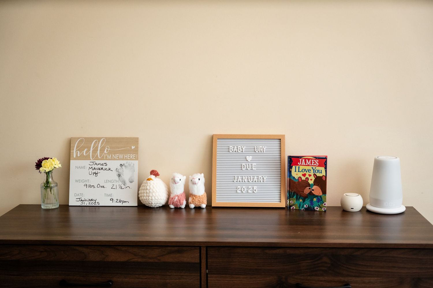 Decorative shelf display with owl figurines, picture frames and letter board.
