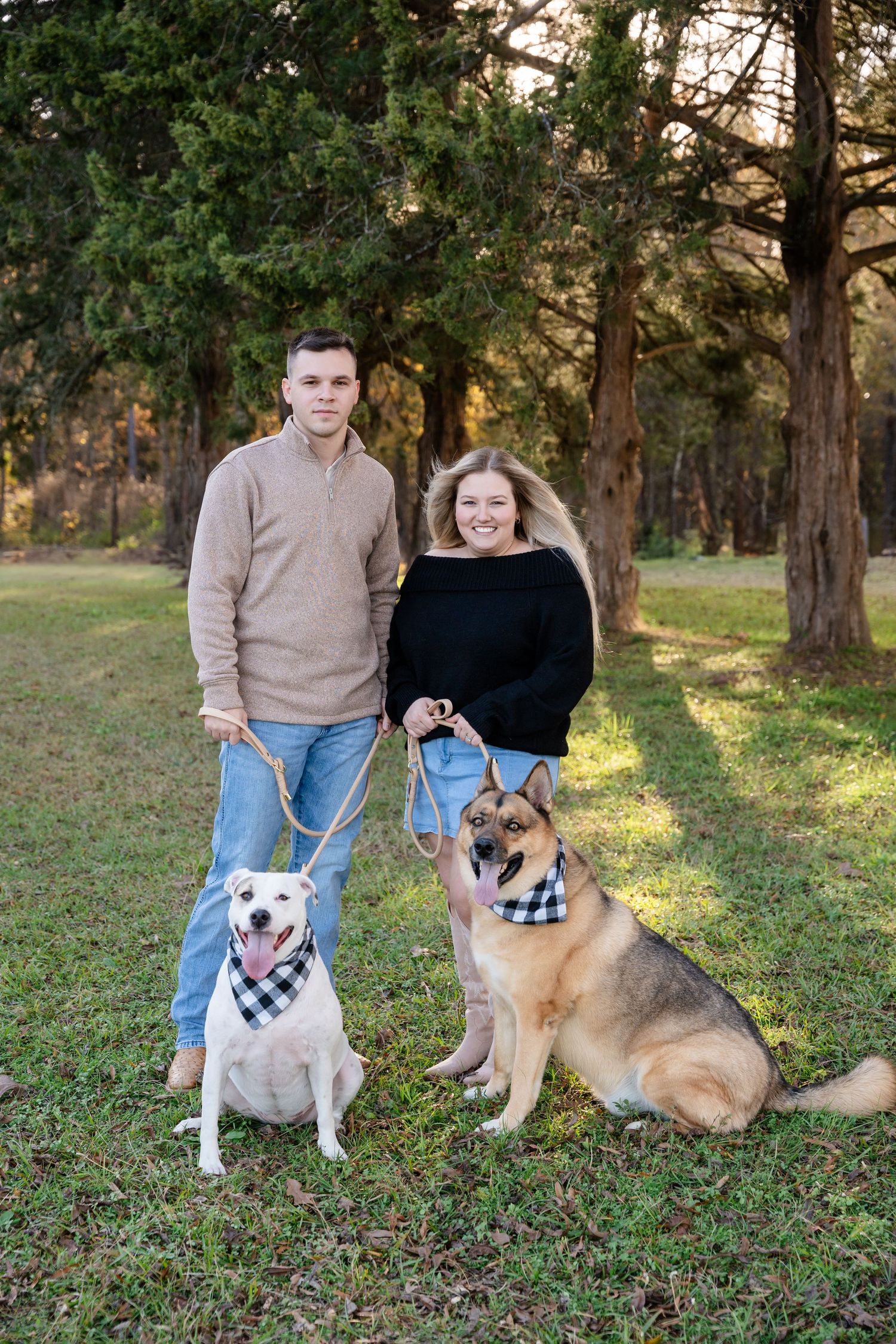 A smiling young couple holds leashes while posing with two dogs in plaid bandanas on a grassy lawn beneath tall trees.
