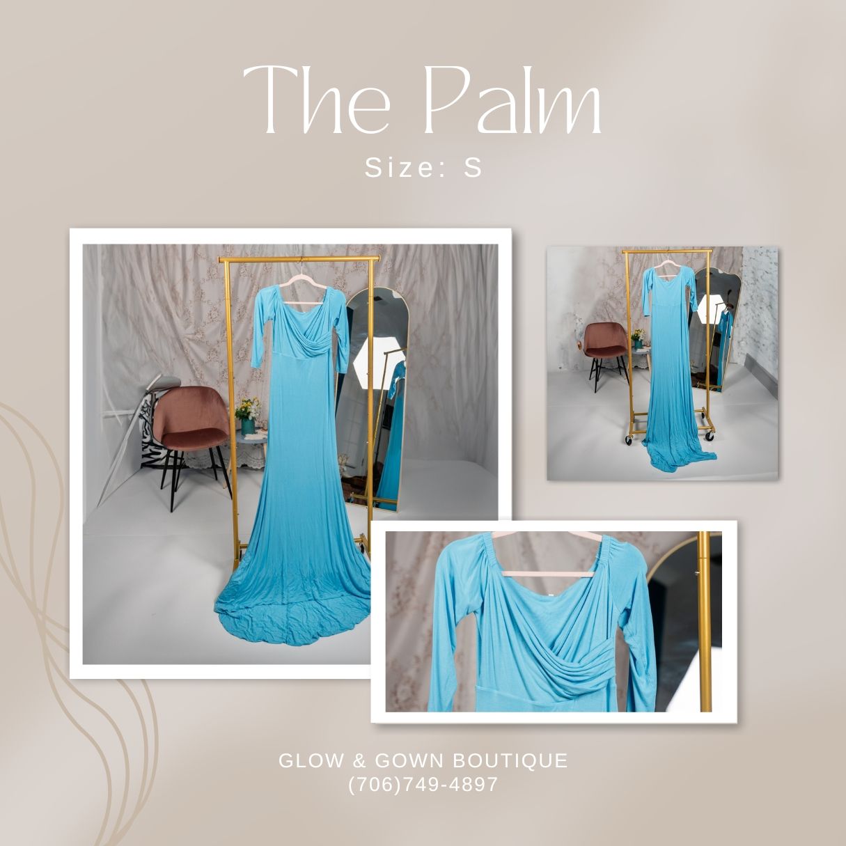 Bright turquoise dress with draped details shown in boutique display.