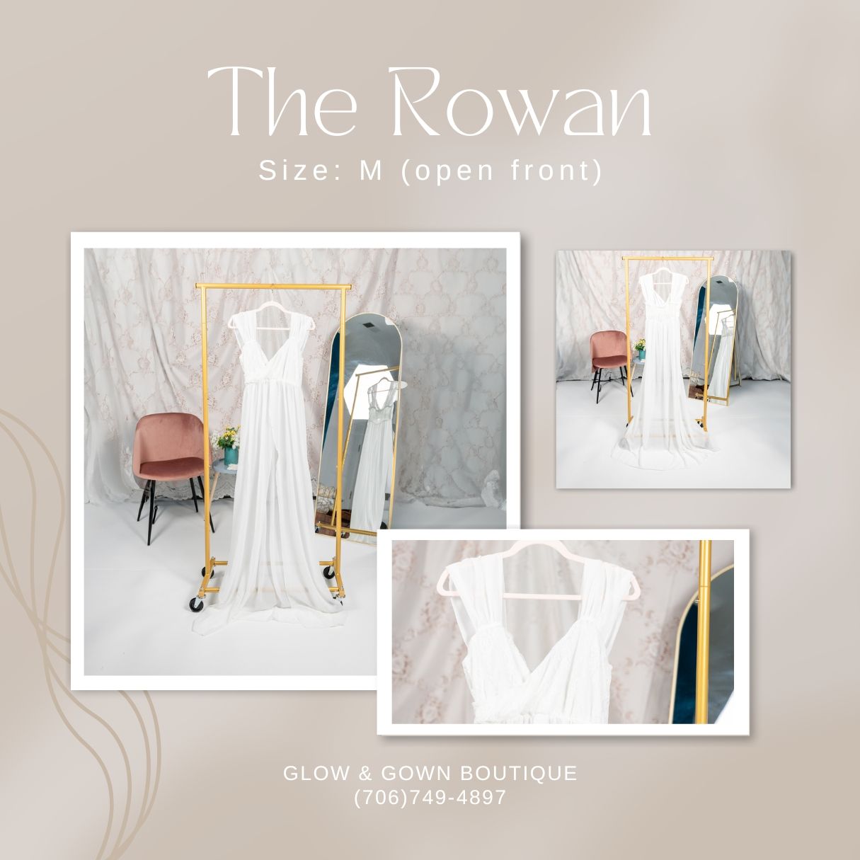 White open-front dress with elegant draping shown in boutique display.