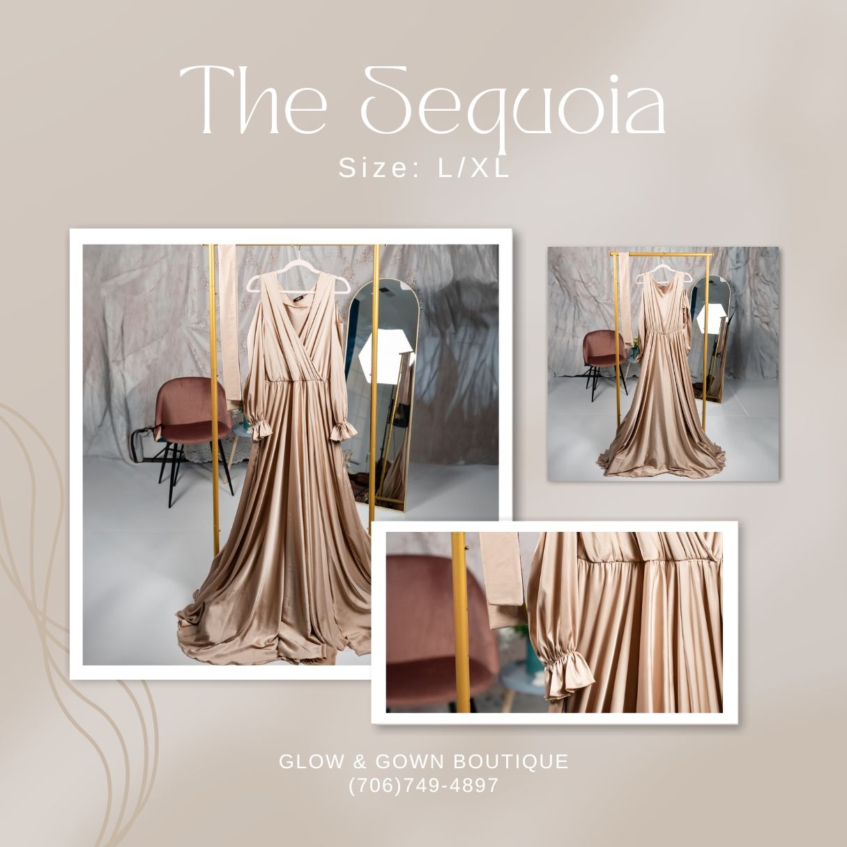 Floor-length beige dress with draped fabric and v-neckline shown on display.