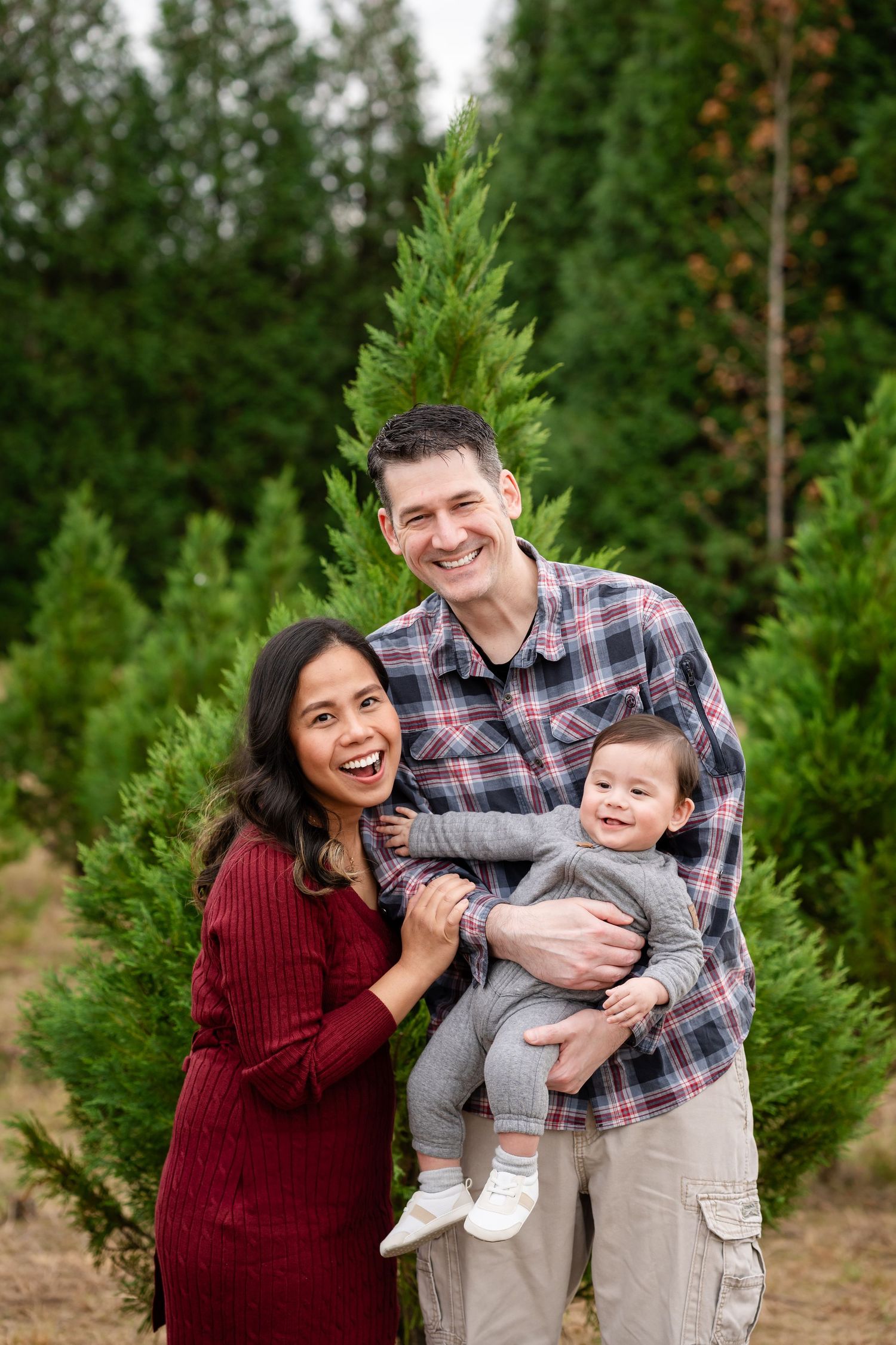 Candid family moment captured during outdoor photo session with evergreen backdrop.