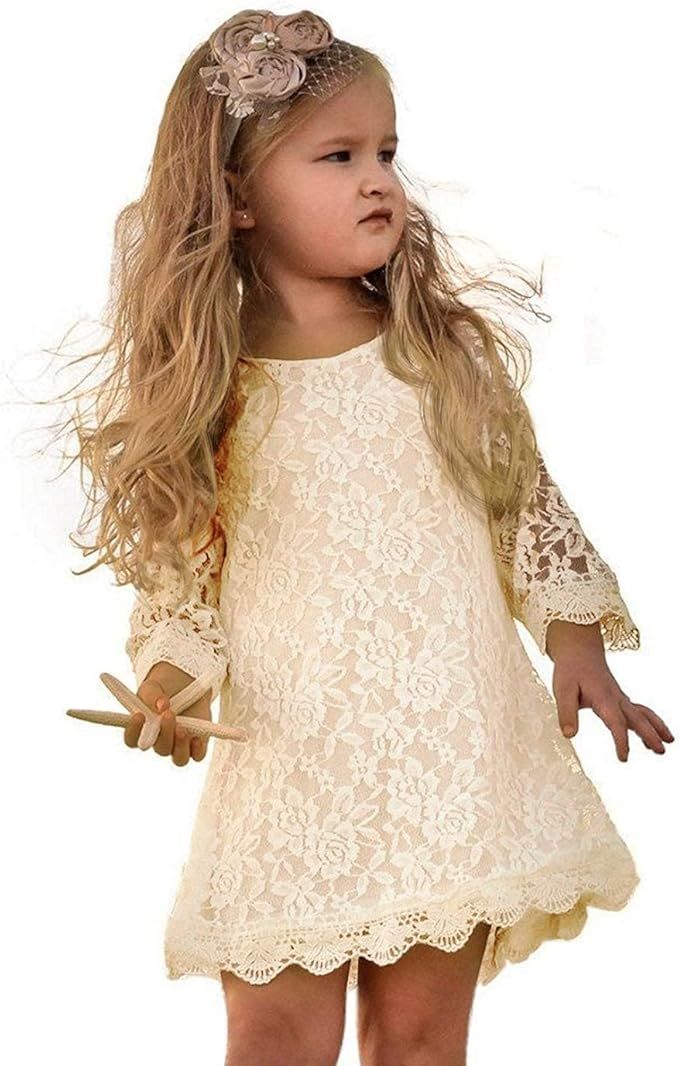 Cream colored lace dress with scalloped hem and short sleeves shown in multiple views.