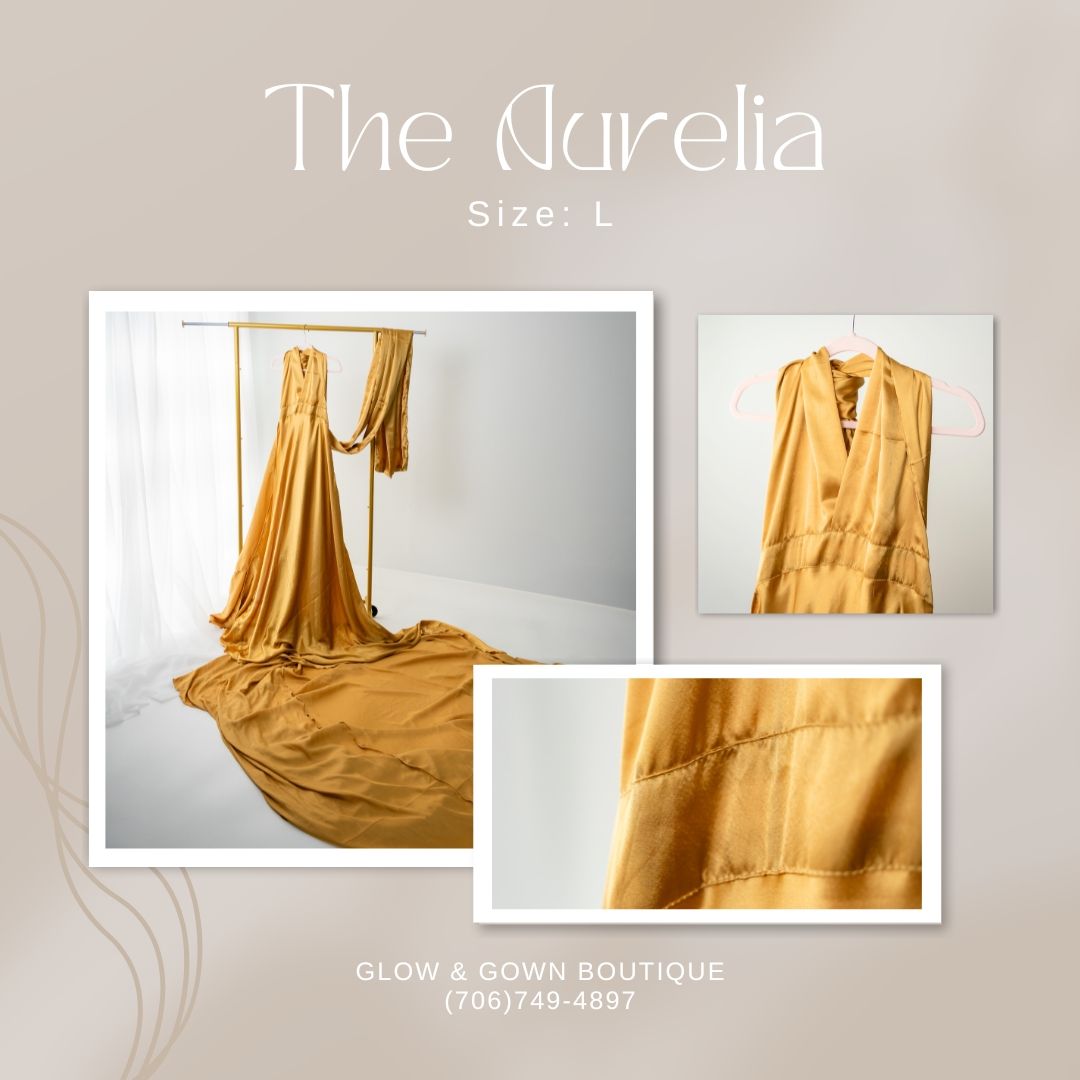 Flowing golden satin dress displayed against neutral background with multiple detail photos.
