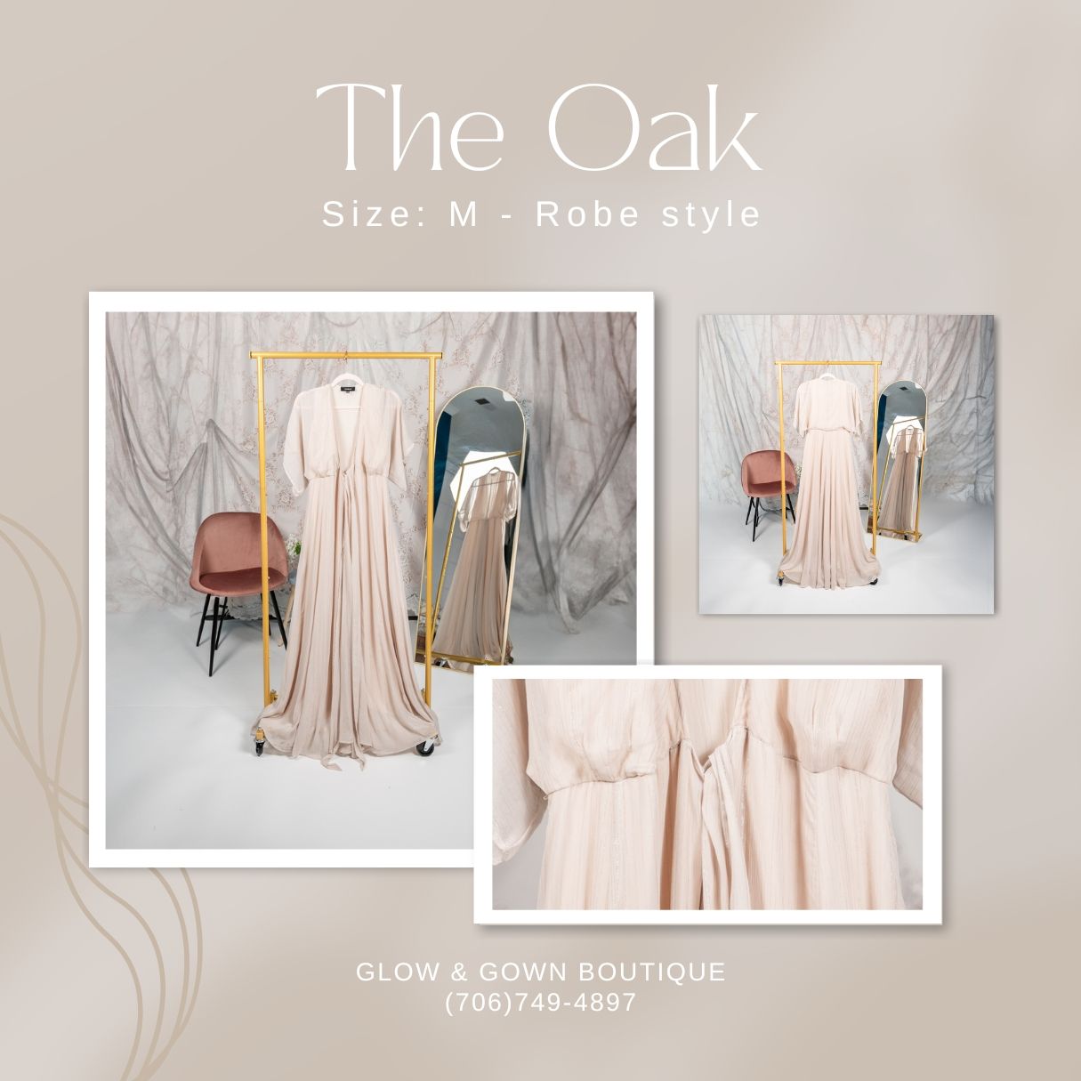 Beige robe-style dress with flowing fabric shown in boutique display.