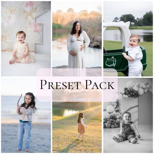 A collection of soft, dreamy outdoor portrait photography presets showcased in a grid layout with muted tones and natural light.