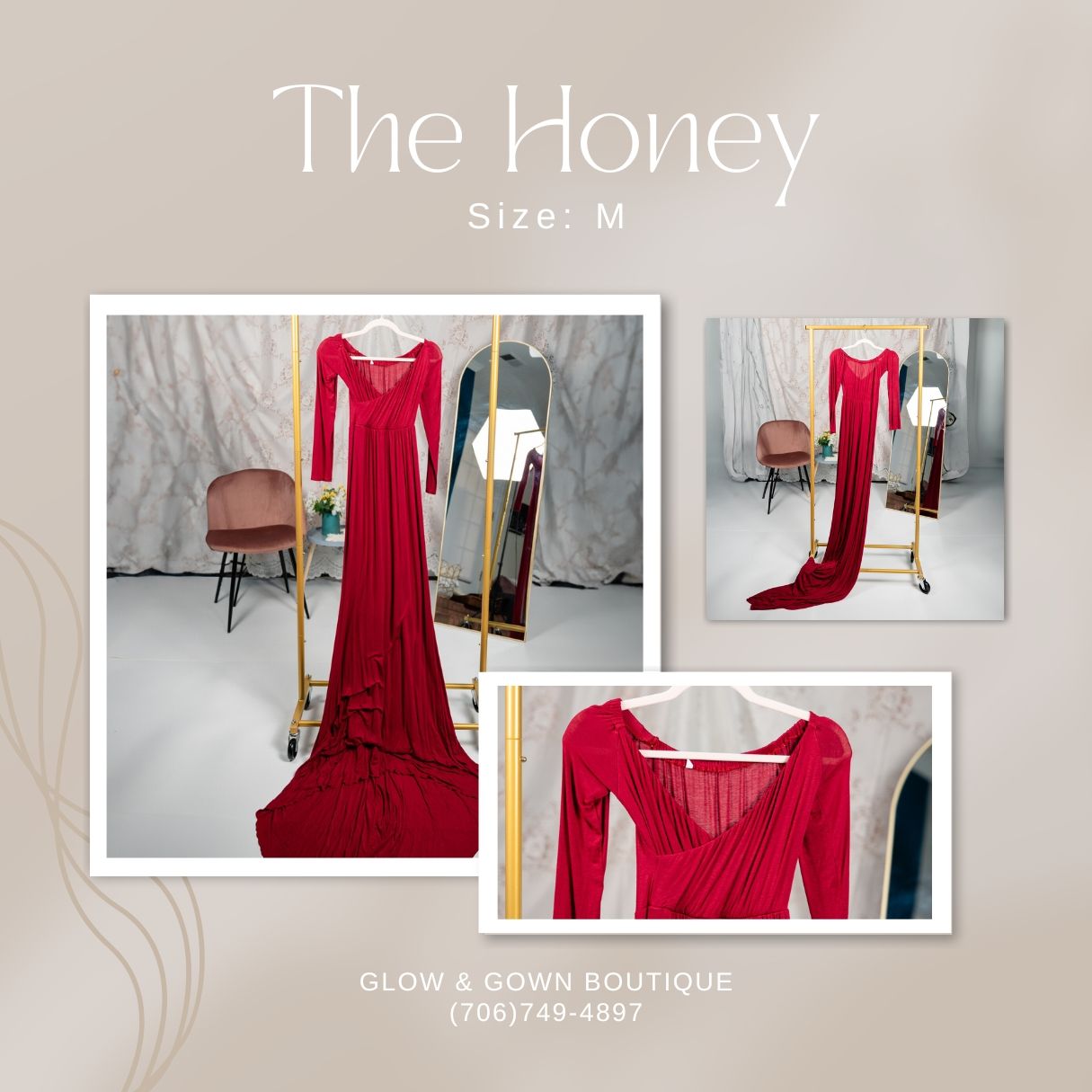 Rich burgundy maxi dress with long sleeves and fitted bodice displayed in store.