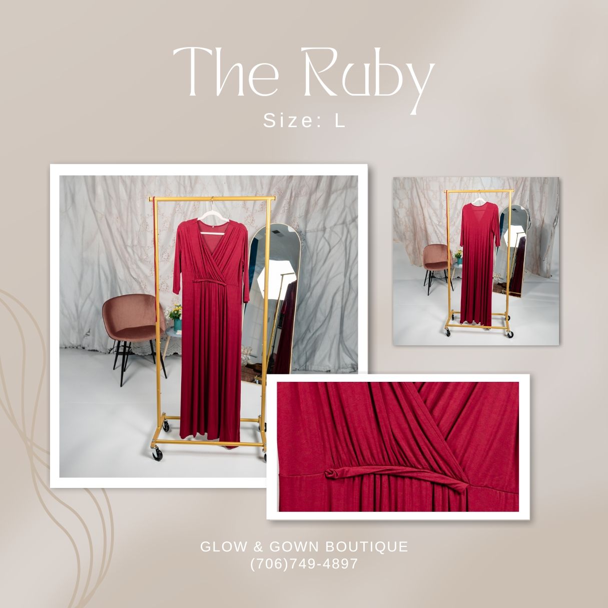 Deep ruby red maxi dress with wrap bodice and flowing skirt shown in boutique setting.