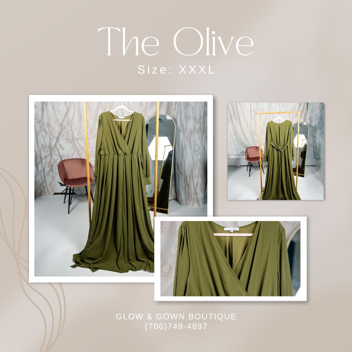 Long olive green maxi dress with v-neck and gathered waist displayed in boutique setting.