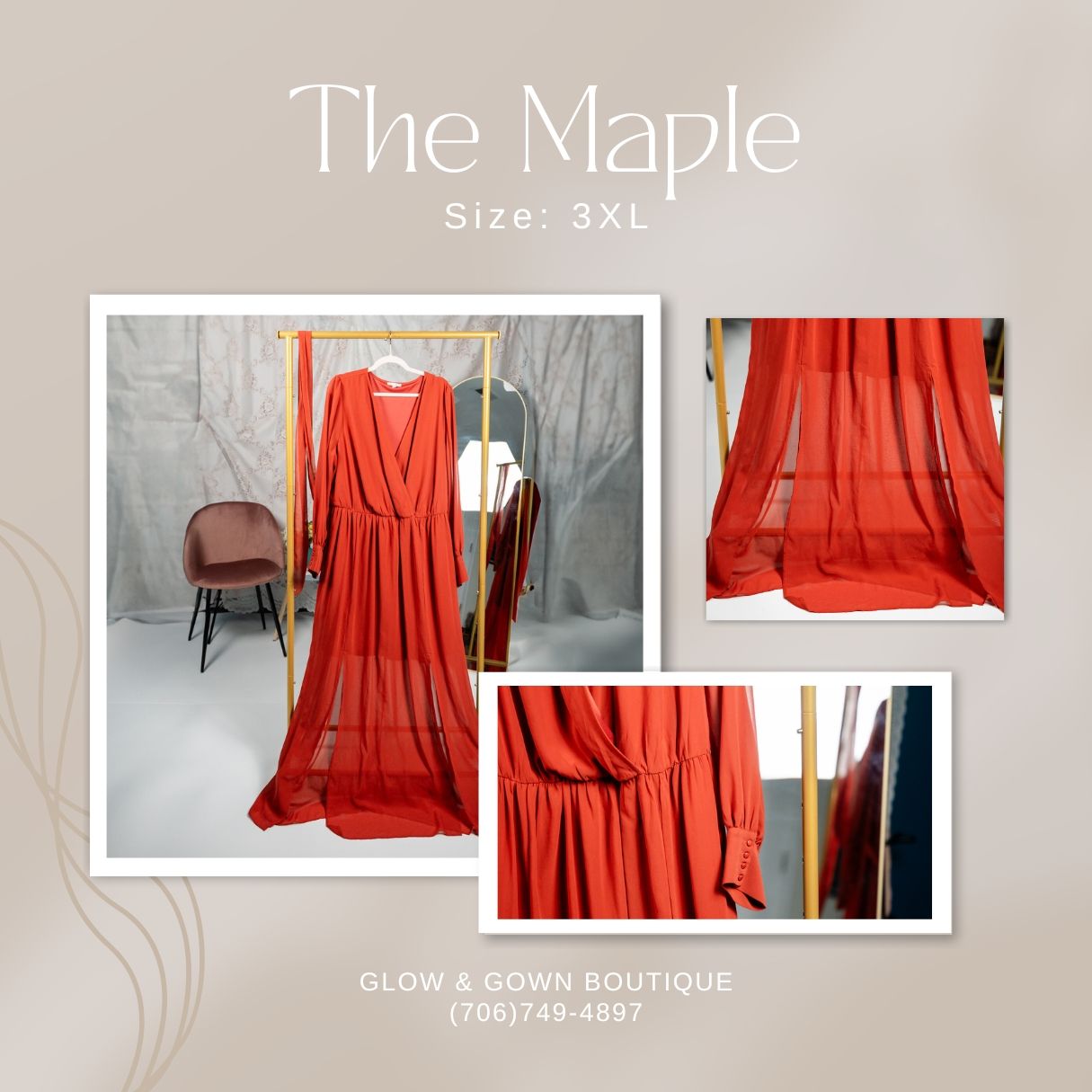 Bold red maxi dress with wrap-style top and flowing fabric photographed from multiple angles.