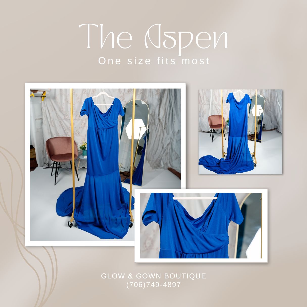 A royal blue maxi dress called The Aspen shown from multiple angles on a boutique display.