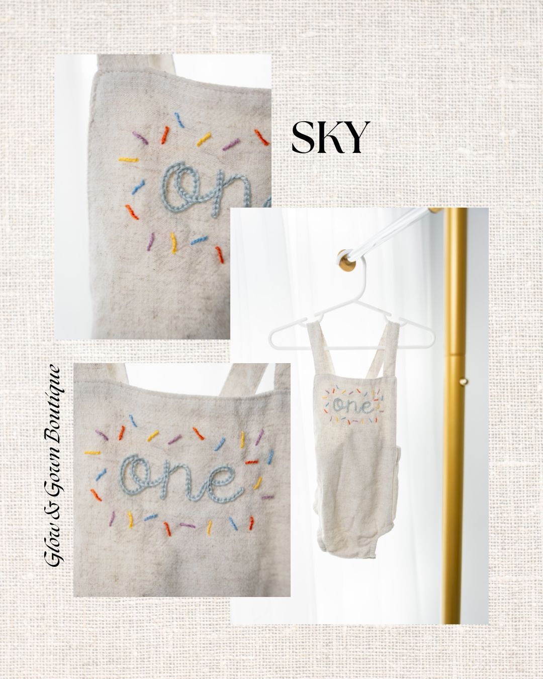Sky blue baby romper with decorative text and colorful sprinkle pattern.