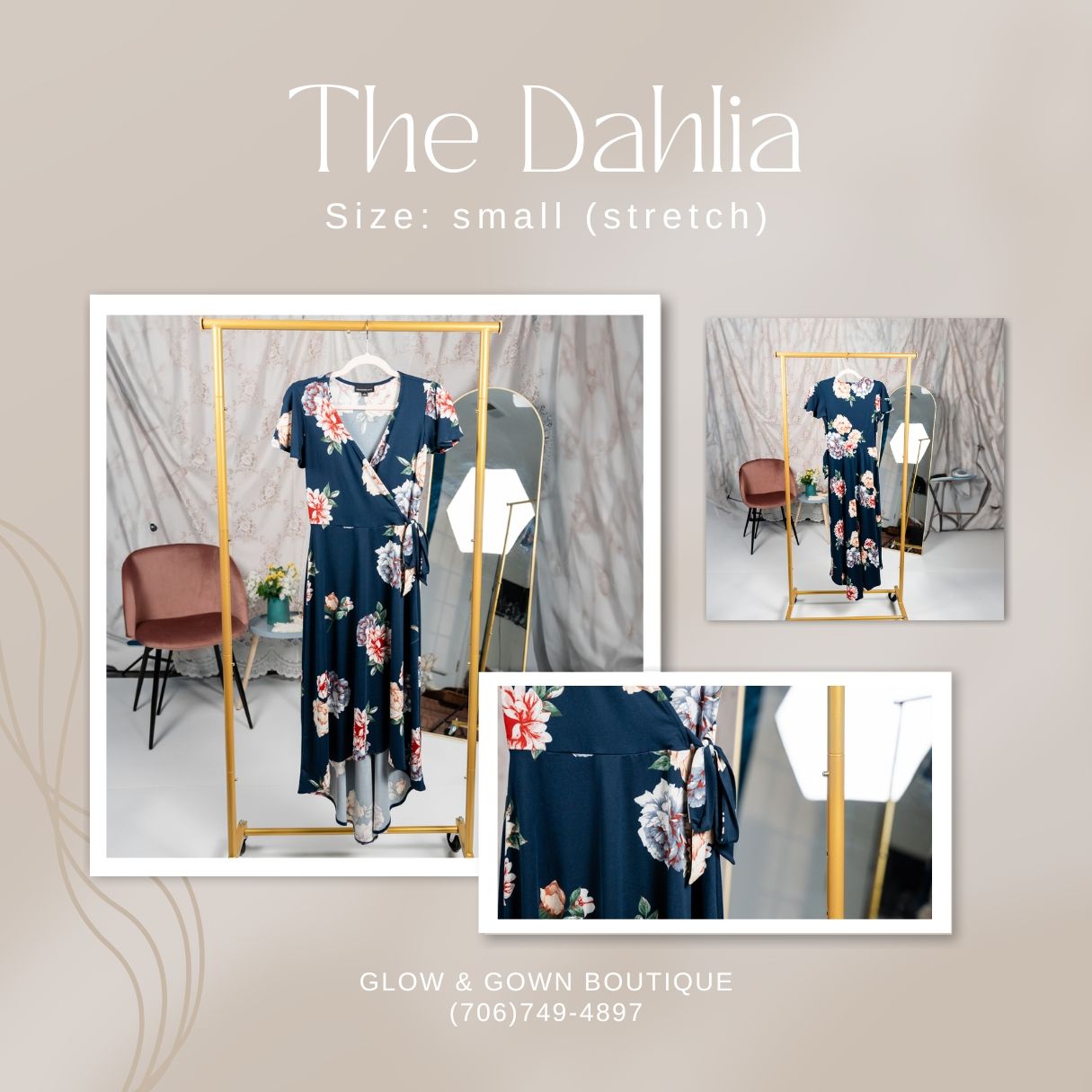 A navy floral print maxi dress called The Dahlia shown with detail shots of the pattern.