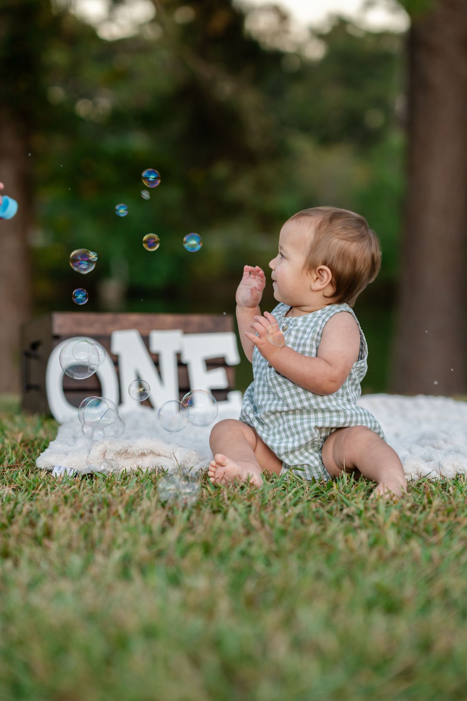 Baby's first birthday photoshoot outdoors, playing with bubbles beside a wooden ONE sign on green grass.