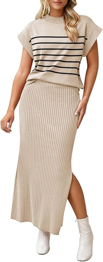 Beige ribbed knit dress with black stripes and side slit shown with white boots in various poses.