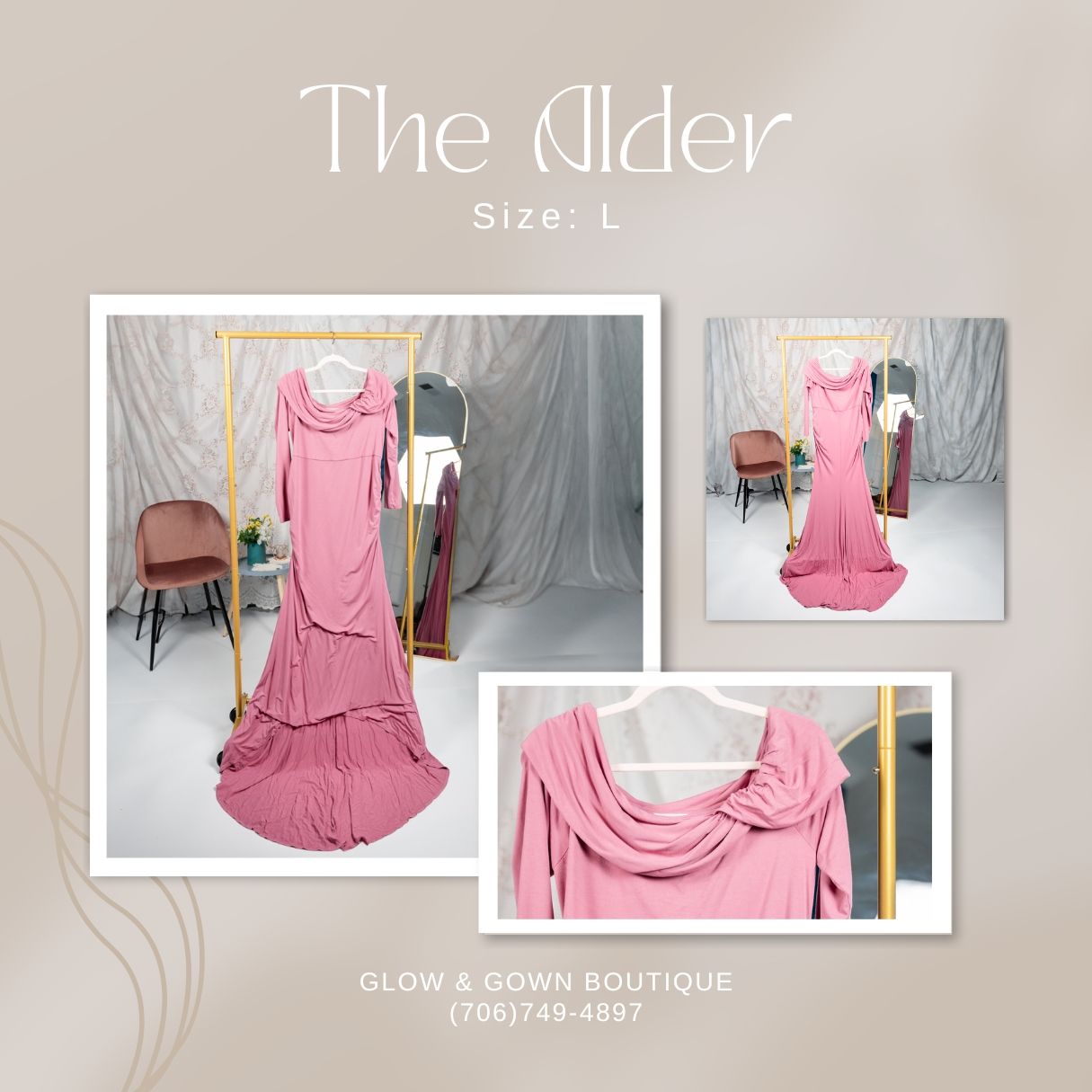 Pink sleeveless dress with ruched neckline shown in boutique setting.
