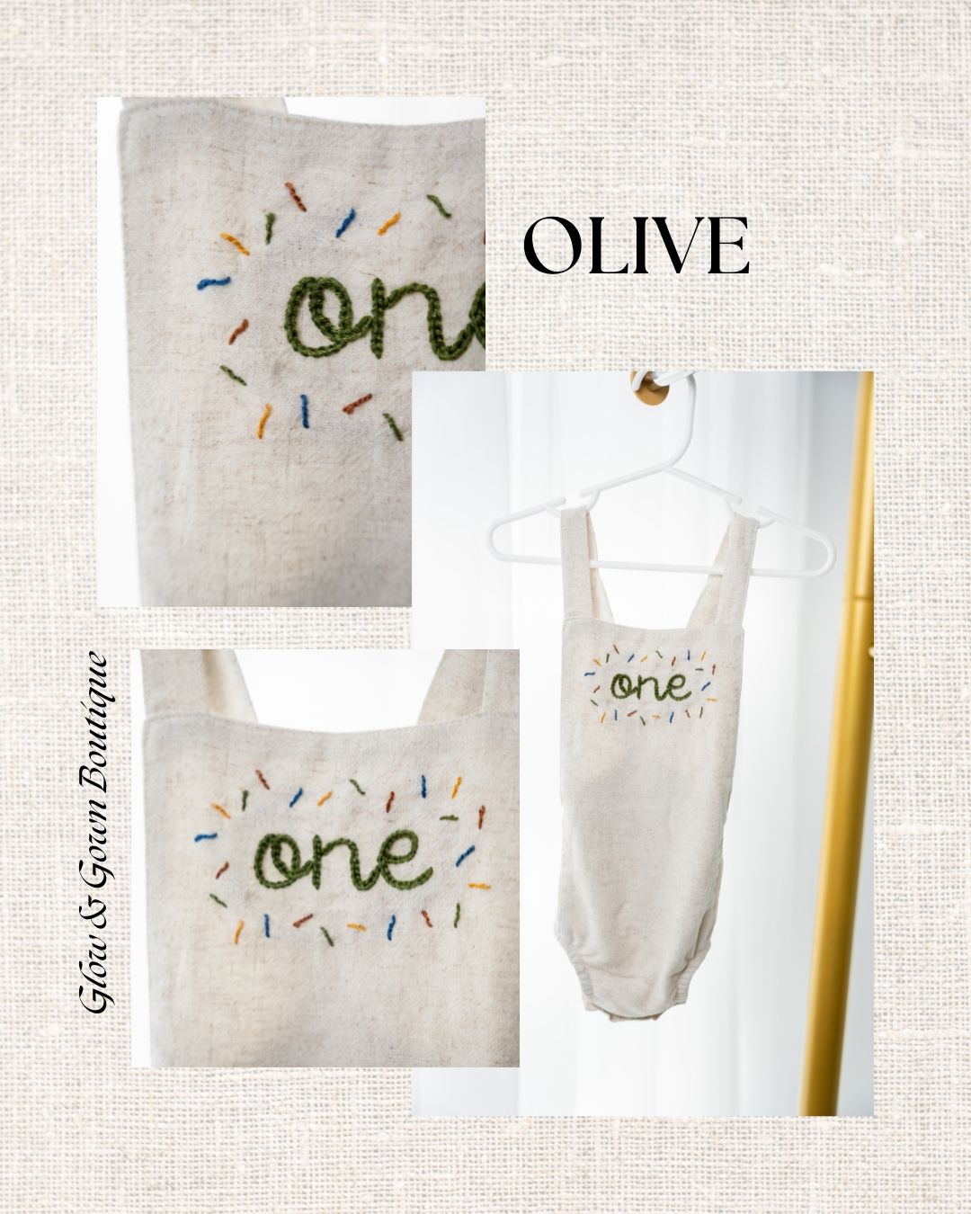 Olive green baby outfit with embroidered text and colorful accents.
