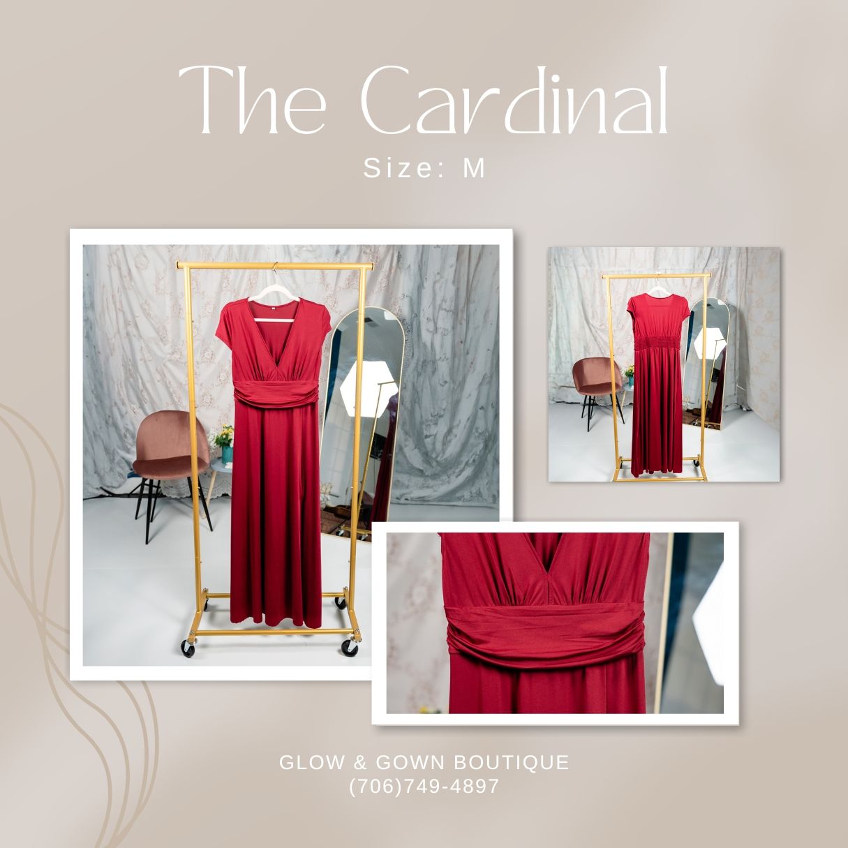 A red wrap-style maxi dress called The Cardinal displayed with detail shots of the design.