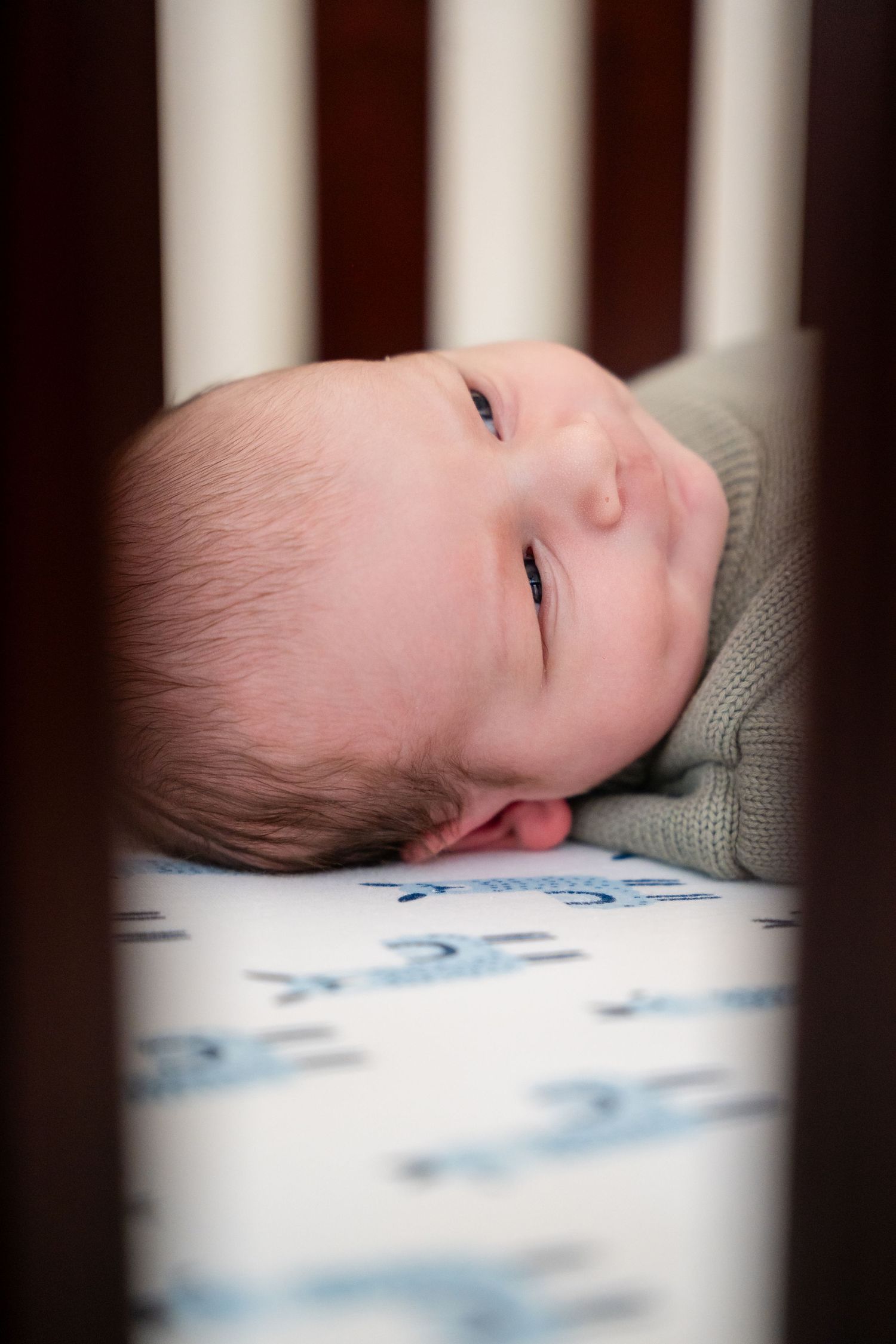 Close-up view of a sleeping baby through crib slats on patterned bedding.