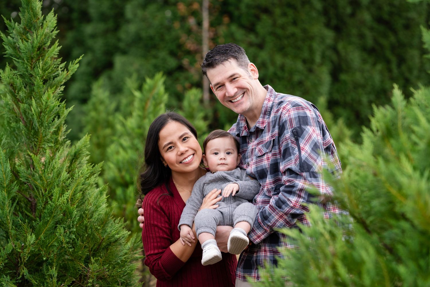 Natural outdoor family photography session among evergreen trees.