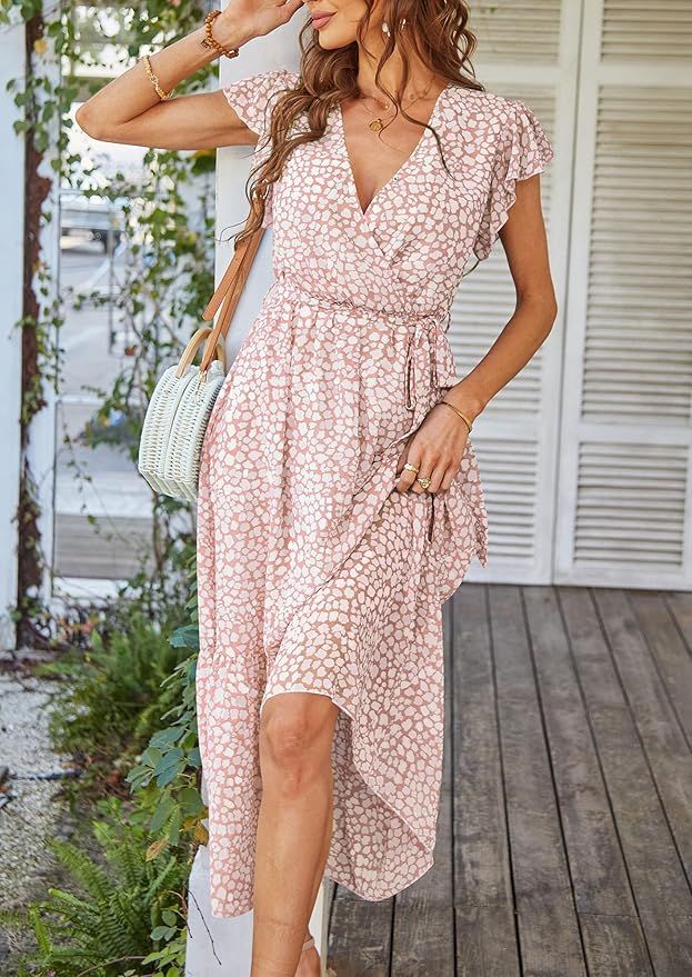 Pink floral wrap dress with ruffled hem and short sleeves displayed in multiple views.
