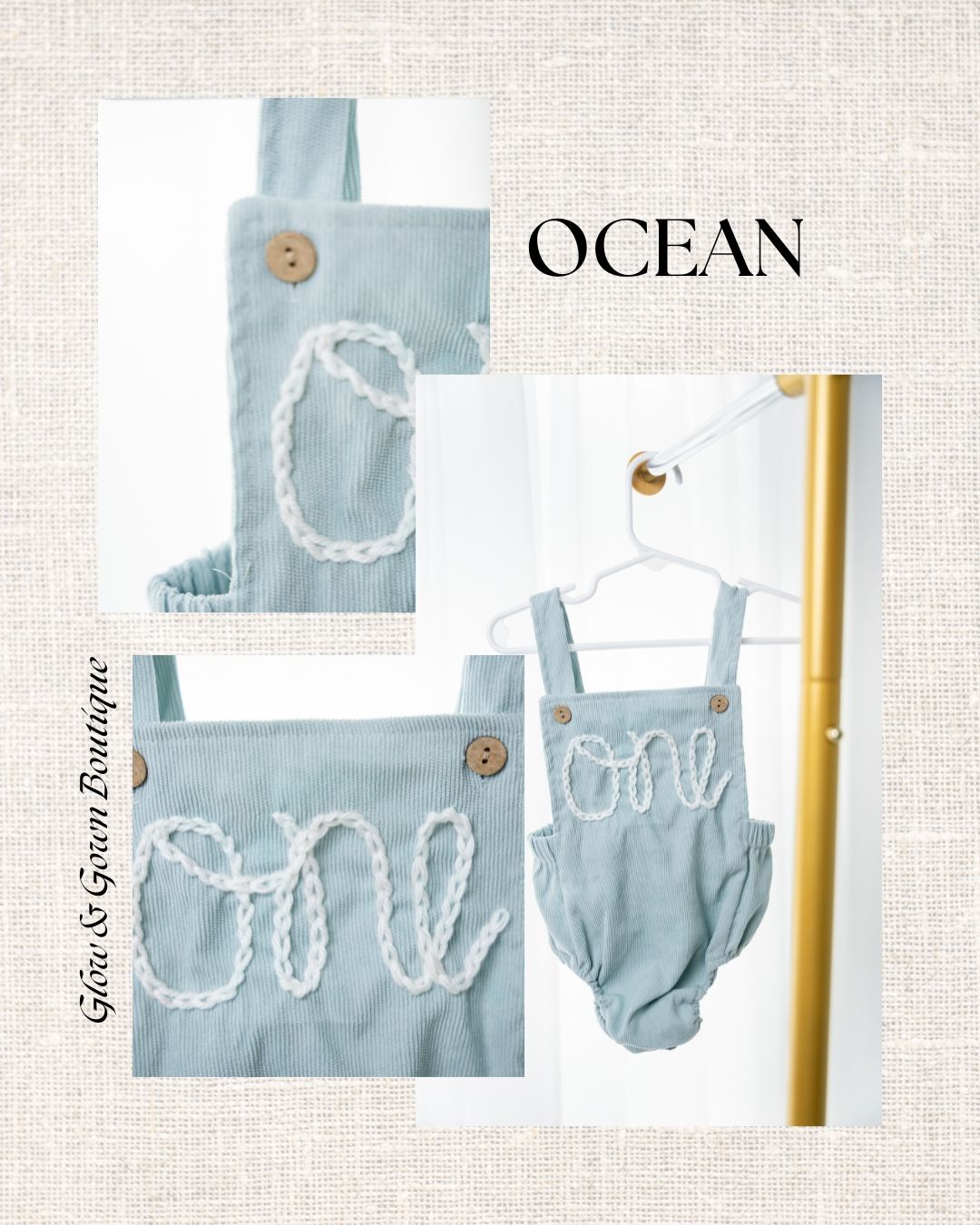 Ocean blue infant romper with white text detailing.