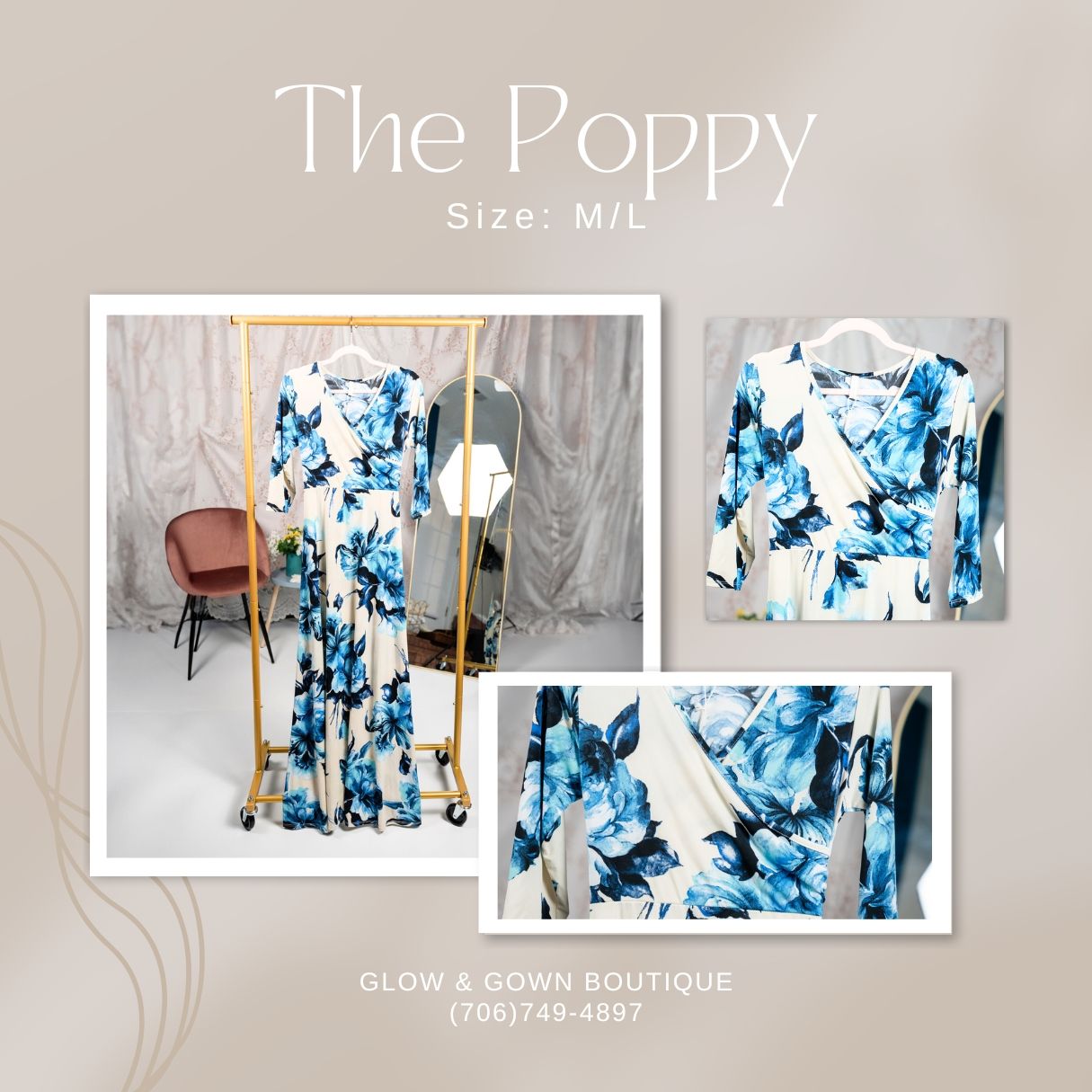 A blue and white floral maxi dress called The Poppy shown from multiple angles.