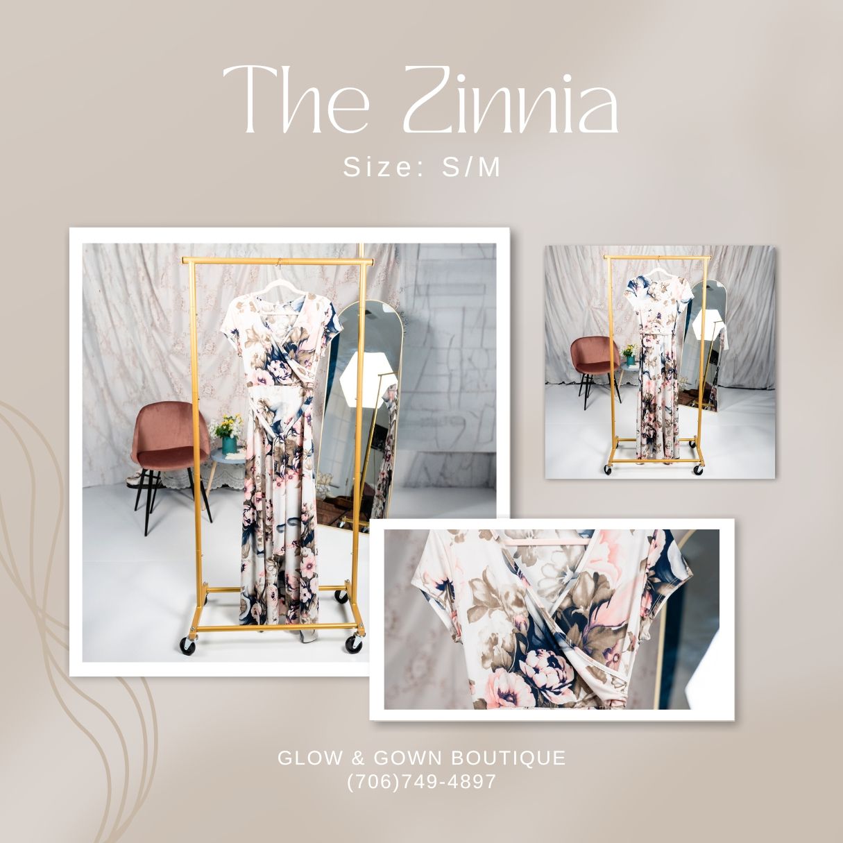 A floral print dress called The Zinnia displayed on a gold clothing rack with detail views.
