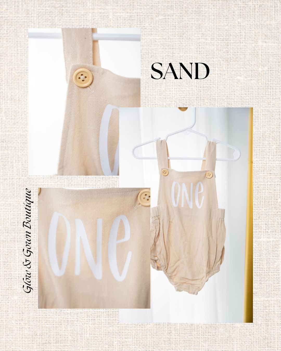 Sand colored baby romper with light text design.