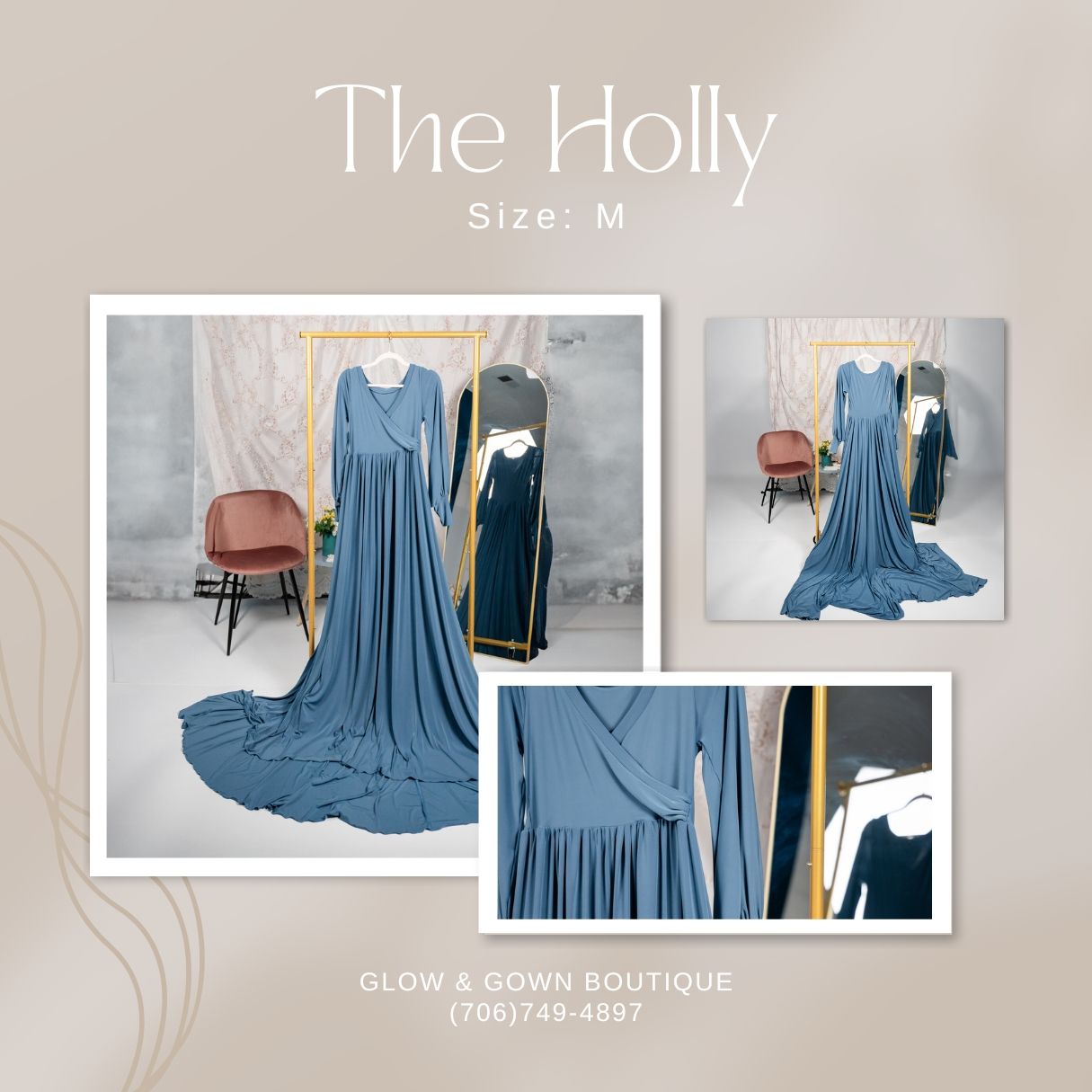 Long flowing blue dress with layered fabric shown on display at a boutique.